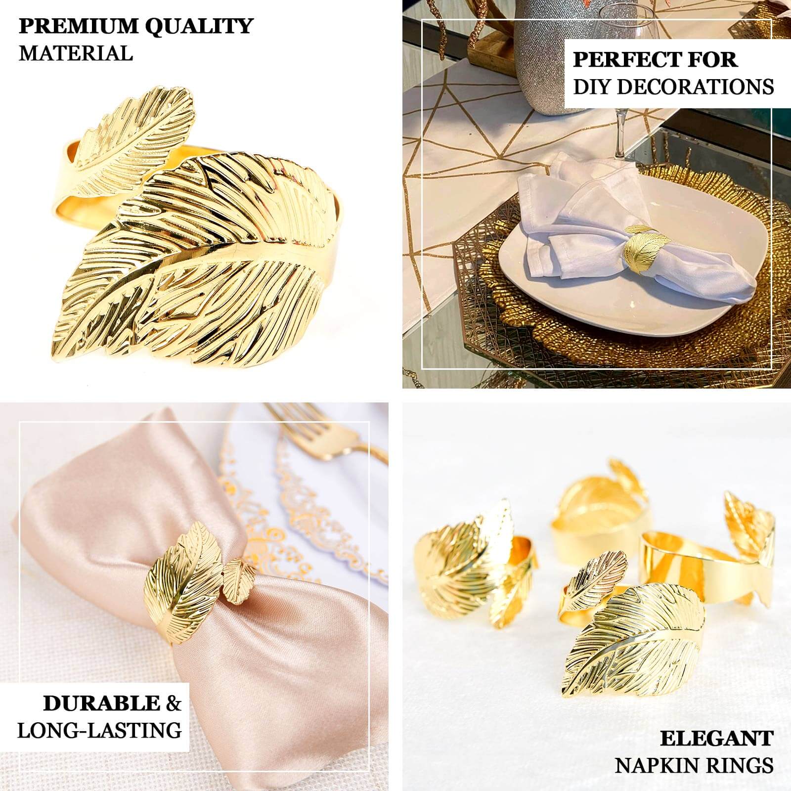 4 Pack Metallic Gold Ornate Leaf Napkin Rings, Linen Napkin Holders - Image 4