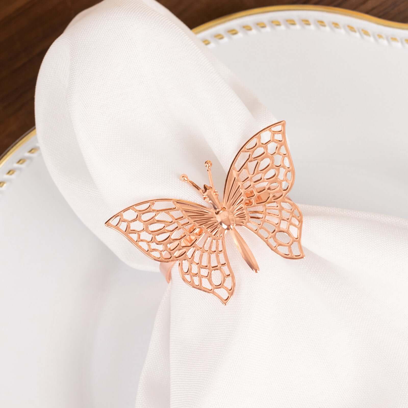 4 Pack Metallic Rose Gold Laser Cut Butterfly Napkin Rings, Decorative Cloth Napkin Holders - Image 11