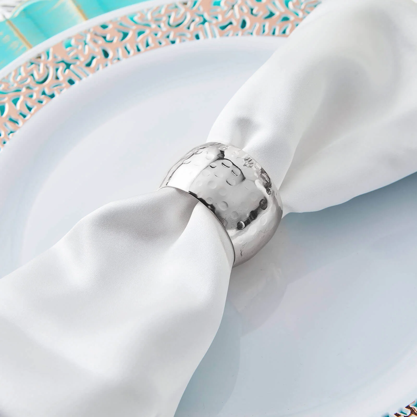 4 Pack Metallic Silver Hammered Pattern Metal Napkin Rings - Image 6