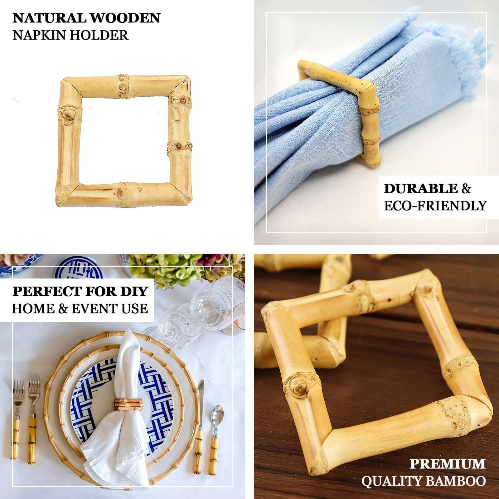 4 Pack Natural Rustic Boho Chic Wooden Square Napkin Rings, Bamboo Napkin Holders - Image 4