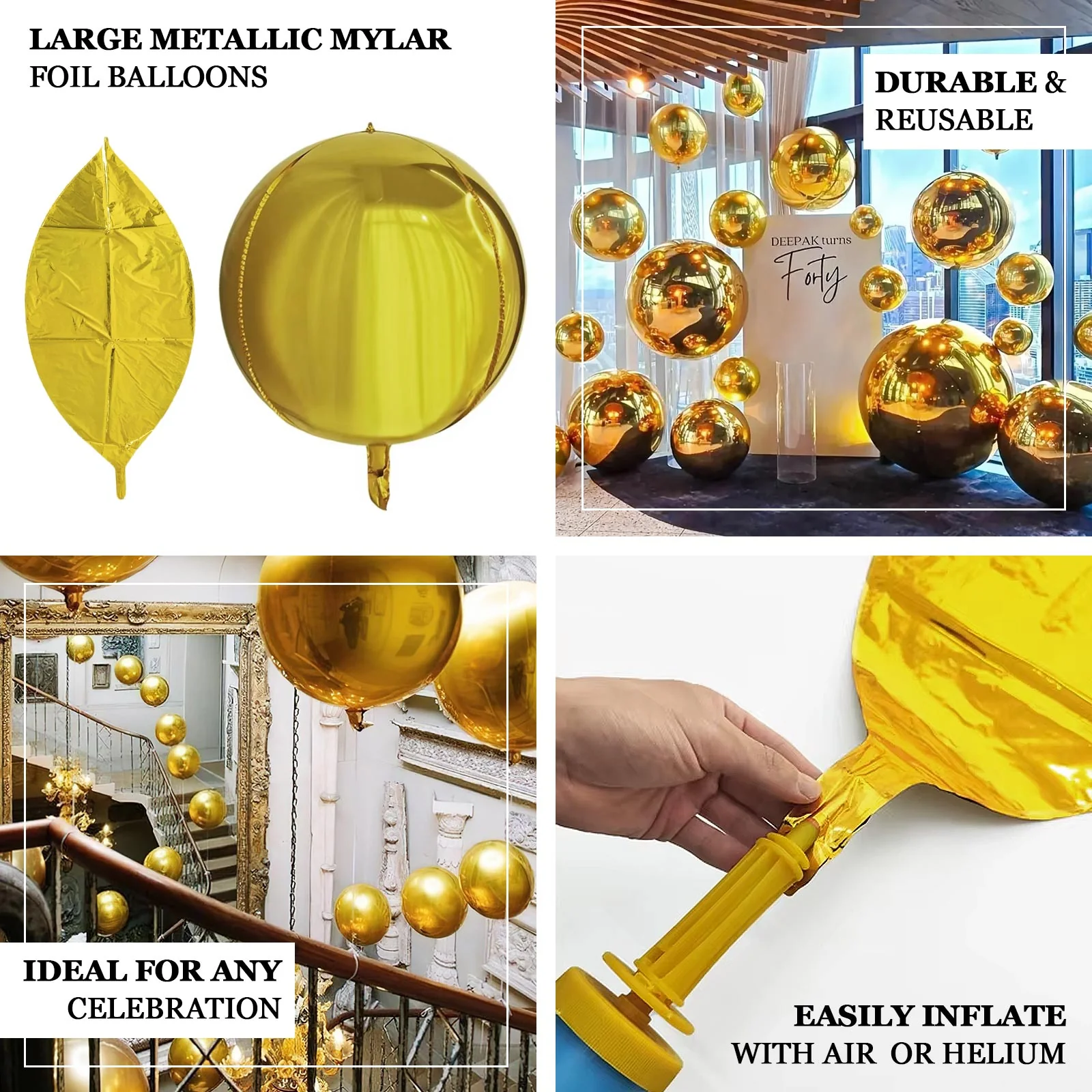 4-Pack Orbz Mylar Foil Balloons, 39" Metallic Gold Large Round Sphere Helium or Air-Filled Party Decorations - Image 4