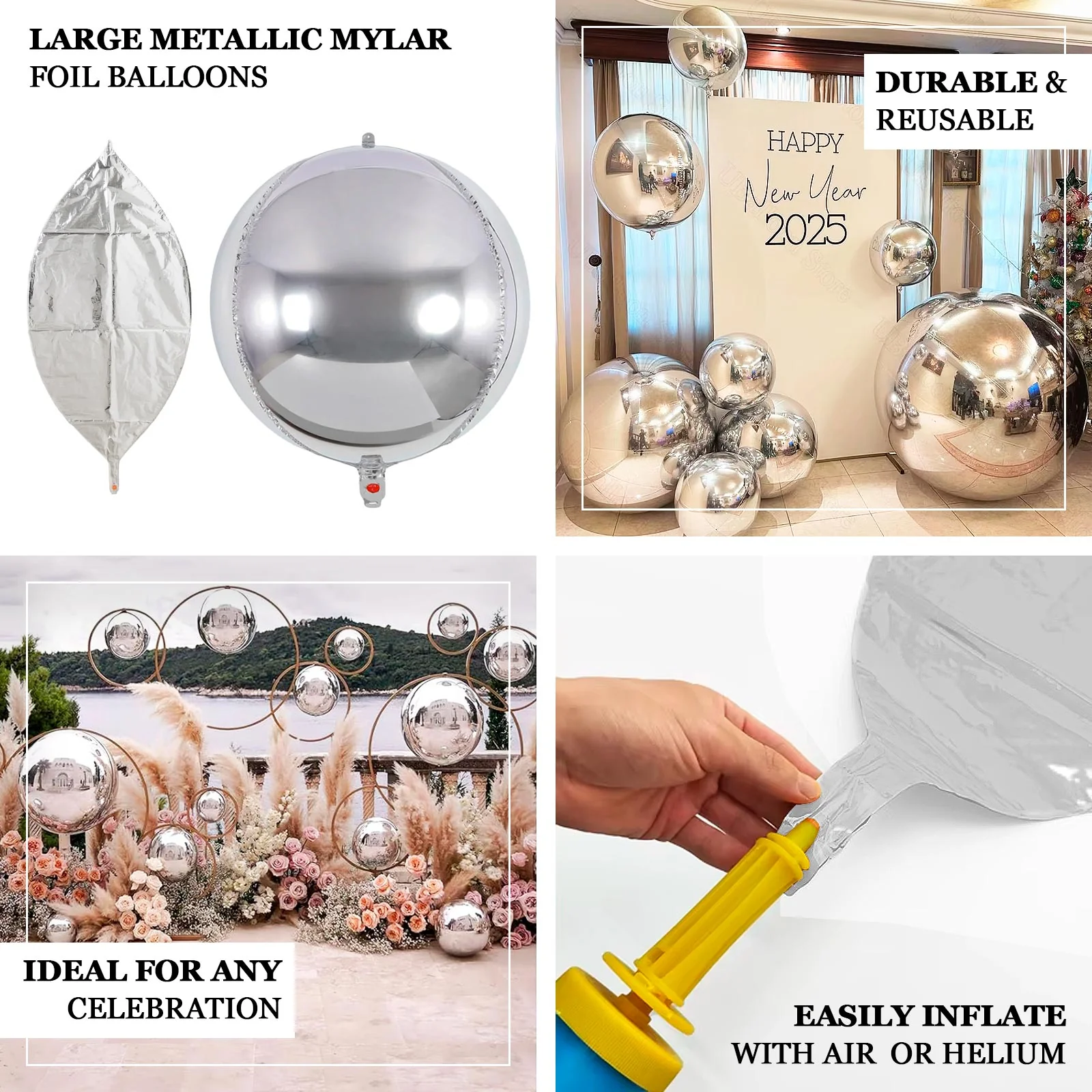 4-Pack Orbz Mylar Foil Balloons, 39" Metallic Silver Large Round Sphere Helium or Air-Filled Party Decorations - Image 4