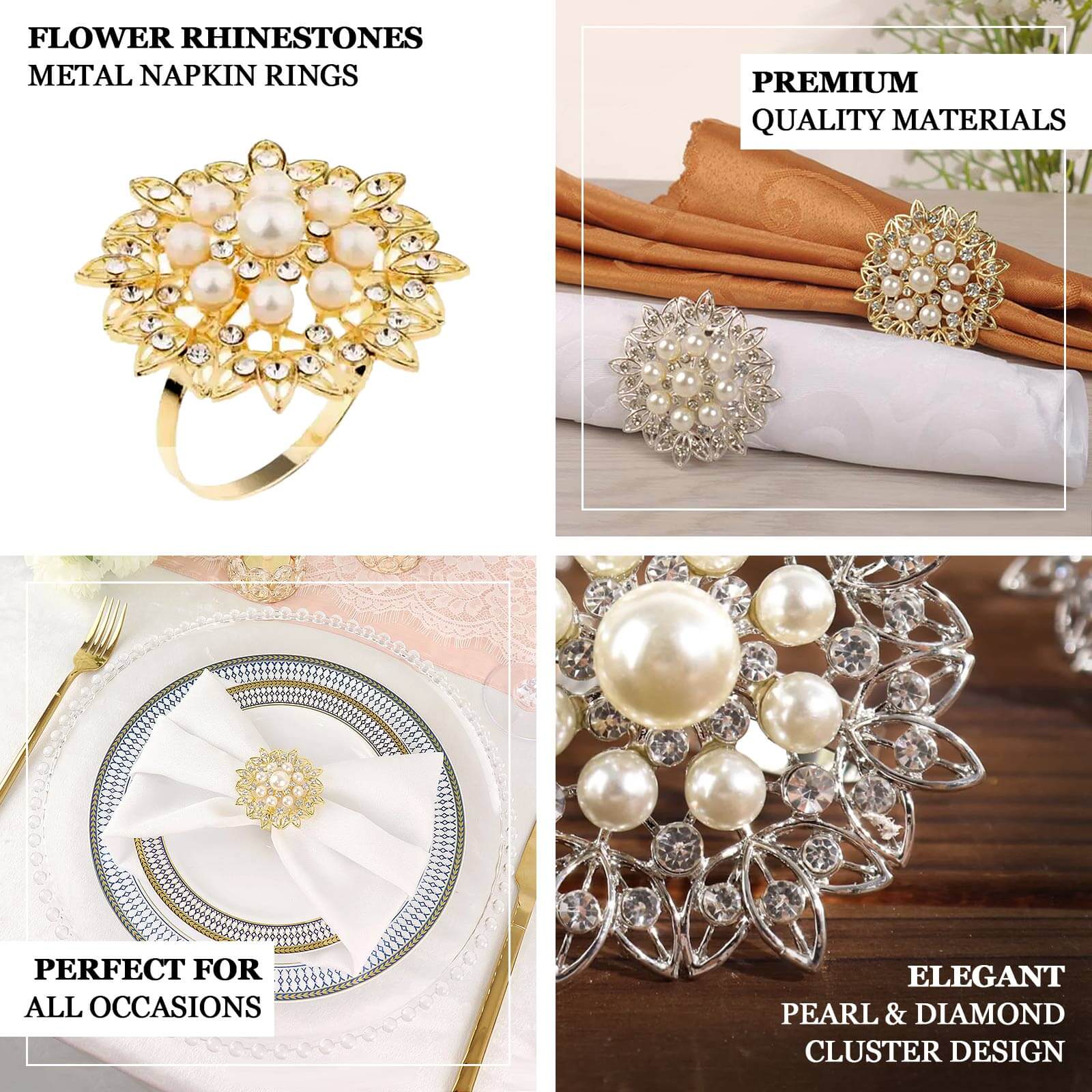 4 Pack Pearl And Diamond Rhinestone Flower Gold Metal Napkin Rings, Decorative Napkin Buckle Holders - Image 4