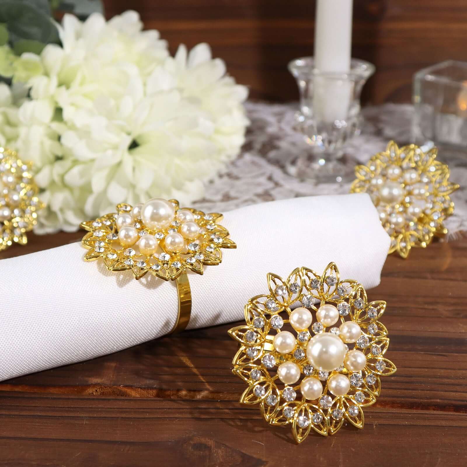 4 Pack Pearl And Diamond Rhinestone Flower Gold Metal Napkin Rings, Decorative Napkin Buckle Holders - Image 6