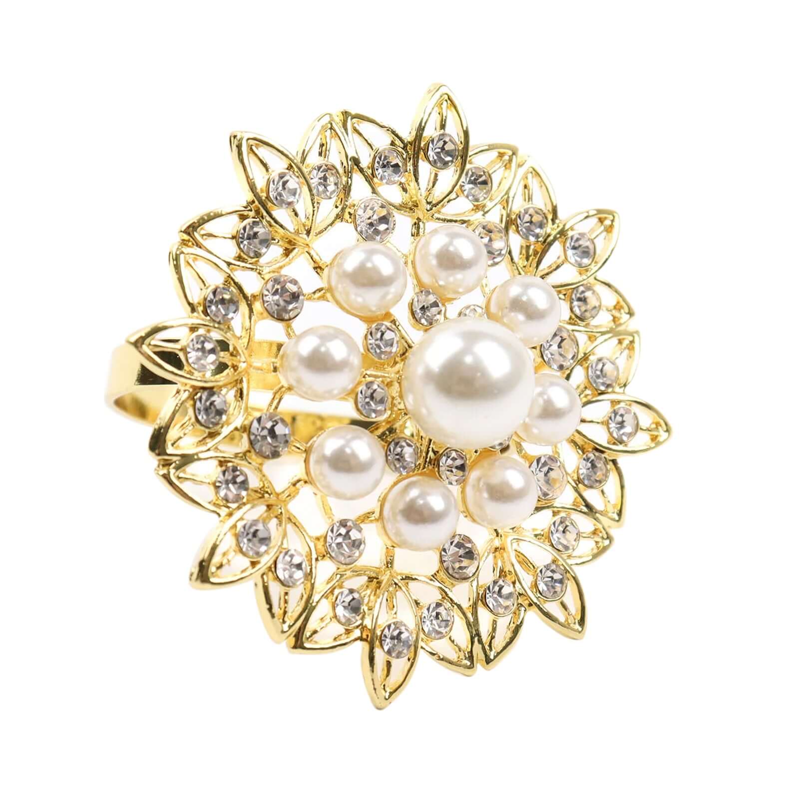 4 Pack Pearl And Diamond Rhinestone Flower Gold Metal Napkin Rings, Decorative Napkin Buckle Holders - Image 7