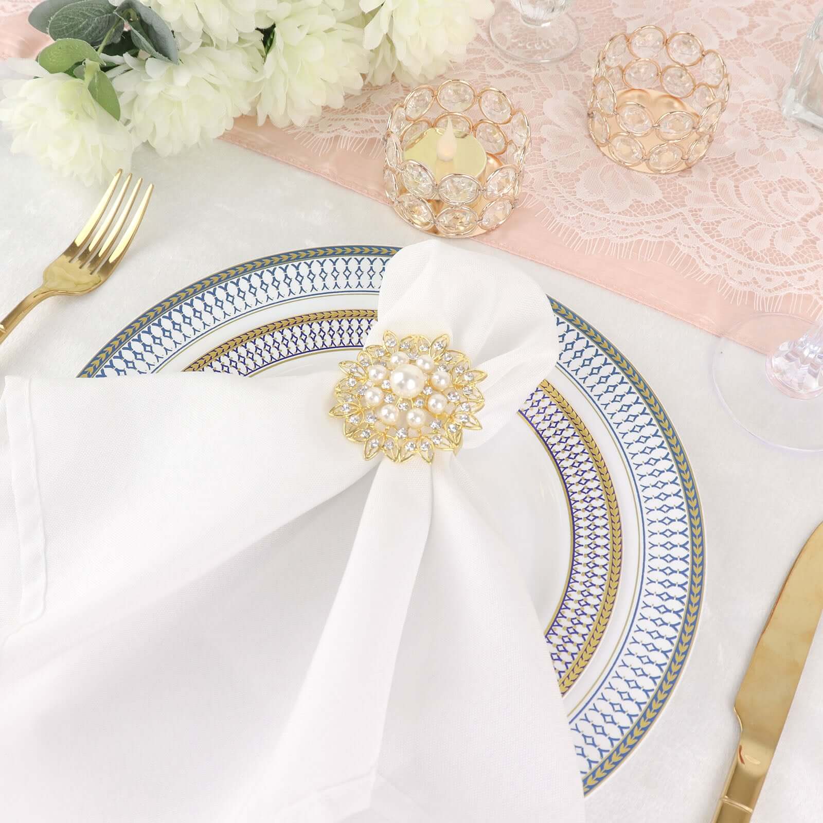 4 Pack Pearl And Diamond Rhinestone Flower Gold Metal Napkin Rings, Decorative Napkin Buckle Holders - Image 8