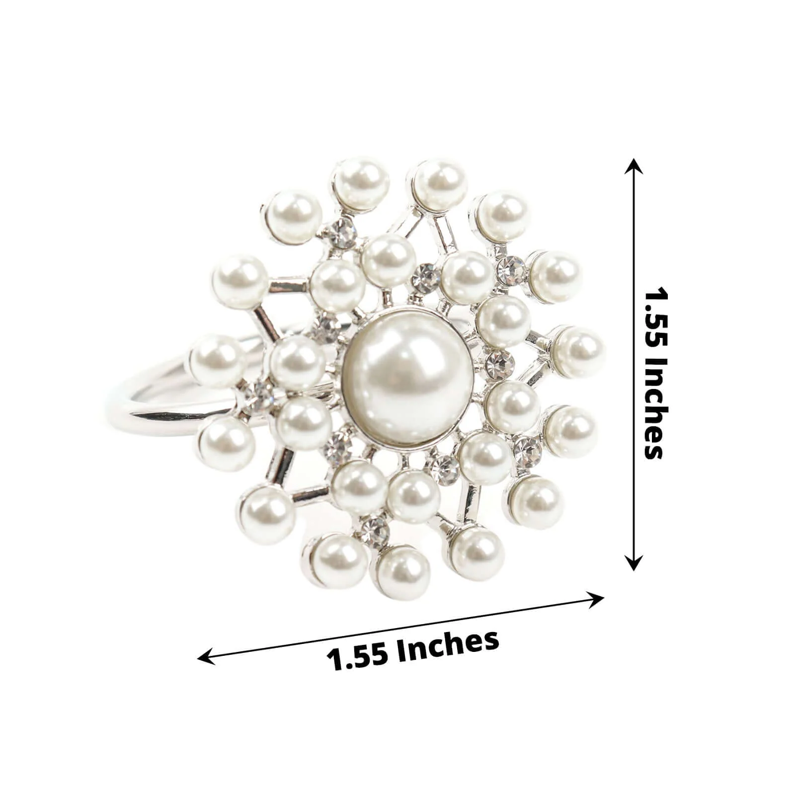 4 Pack Pearl And Diamond Rhinestone Silver Metal Napkin Rings, Decorative Napkin Buckle Holders - Image 3