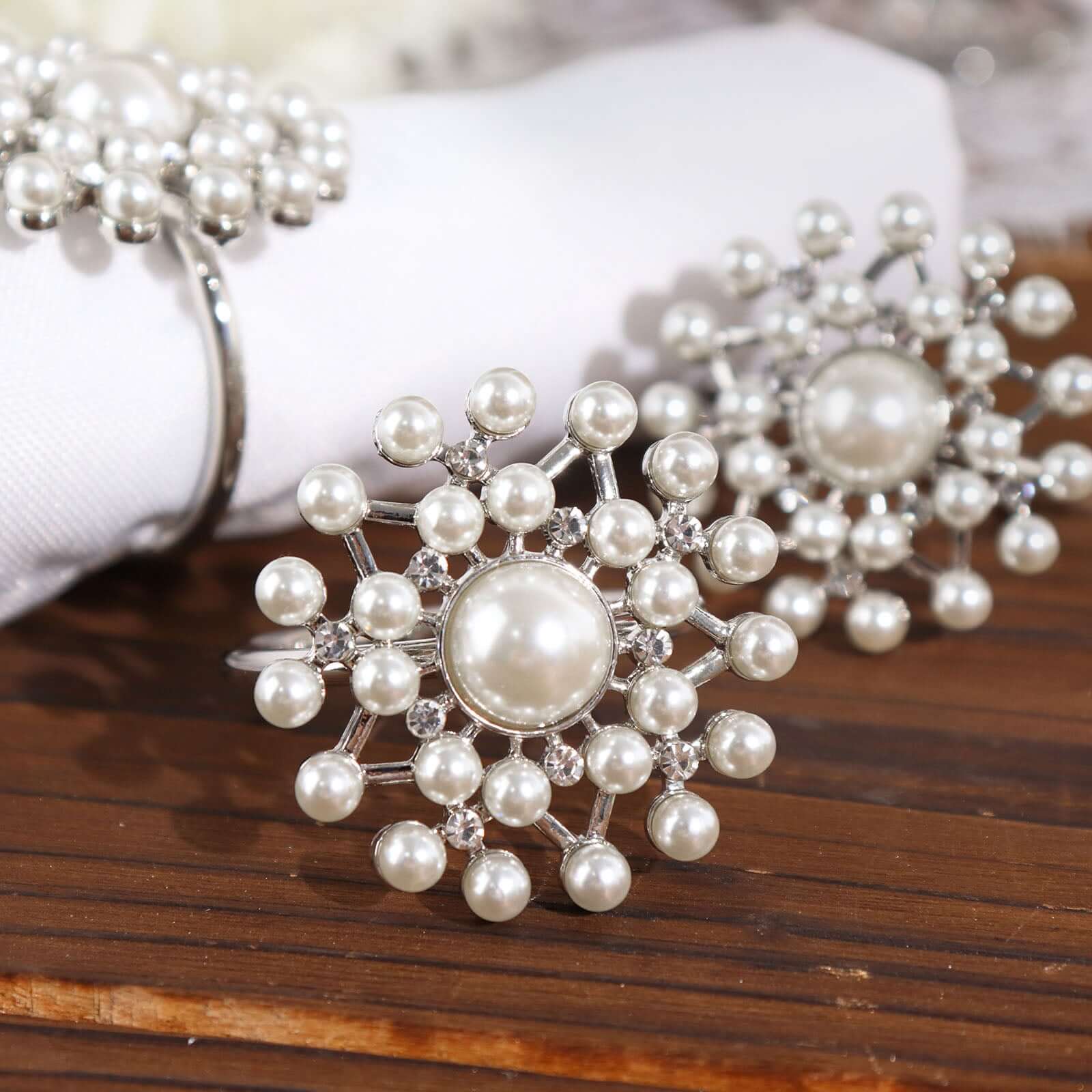 4 Pack Pearl And Diamond Rhinestone Silver Metal Napkin Rings, Decorative Napkin Buckle Holders - Image 4