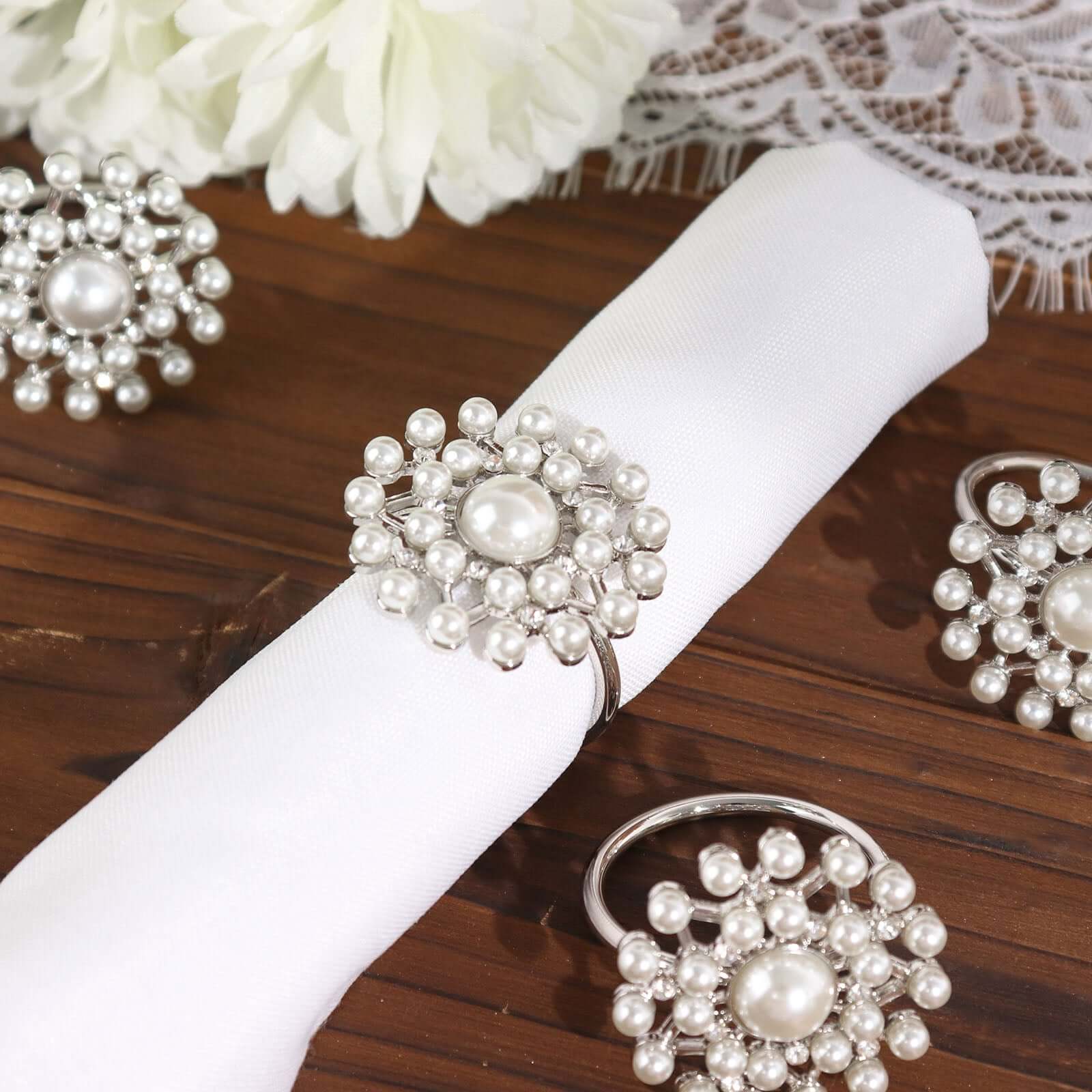 4 Pack Pearl And Diamond Rhinestone Silver Metal Napkin Rings, Decorative Napkin Buckle Holders - Image 9
