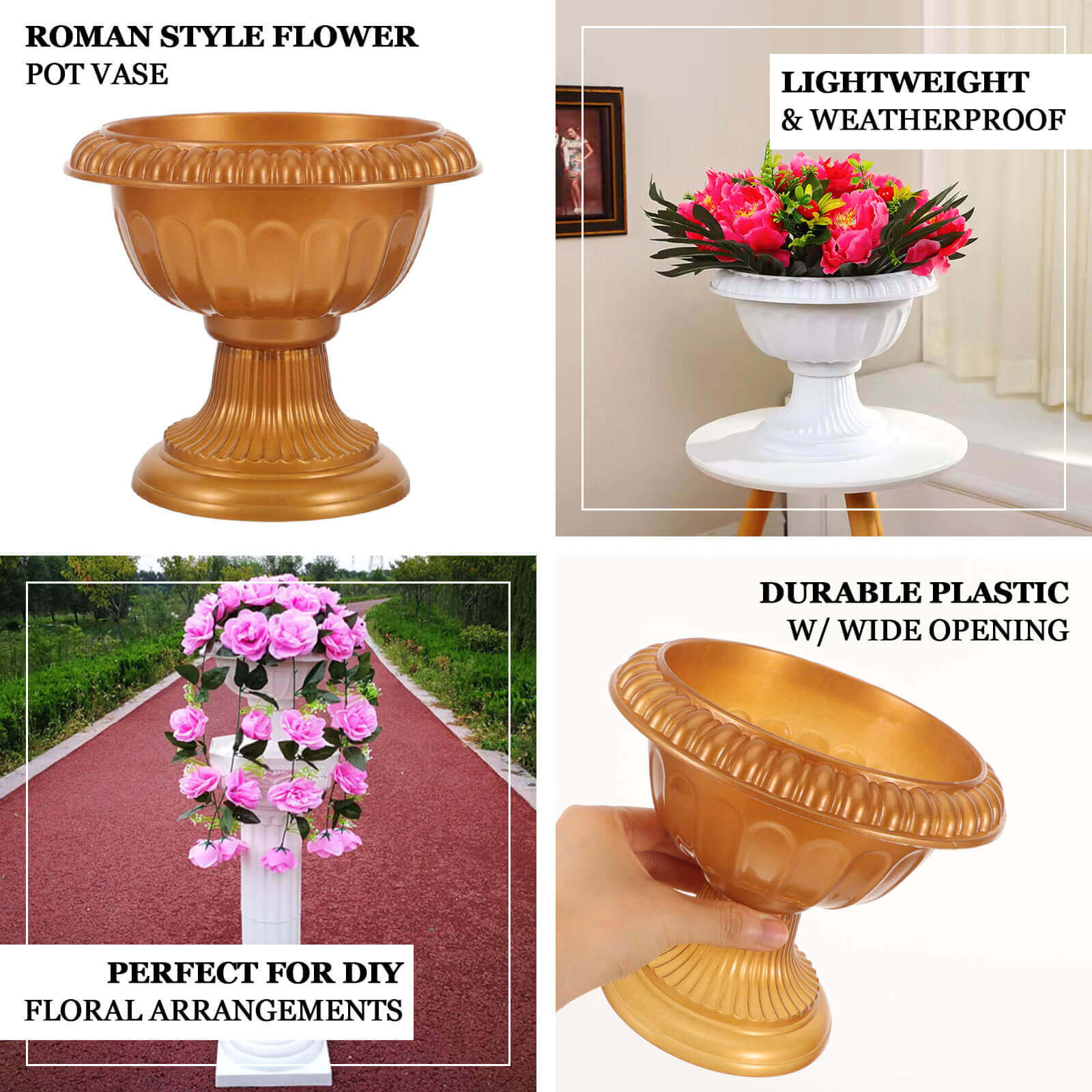 4-Pack Plastic Flower Pot Vases Roman Style Gold 6" - Classic Urn Planter - Image 4