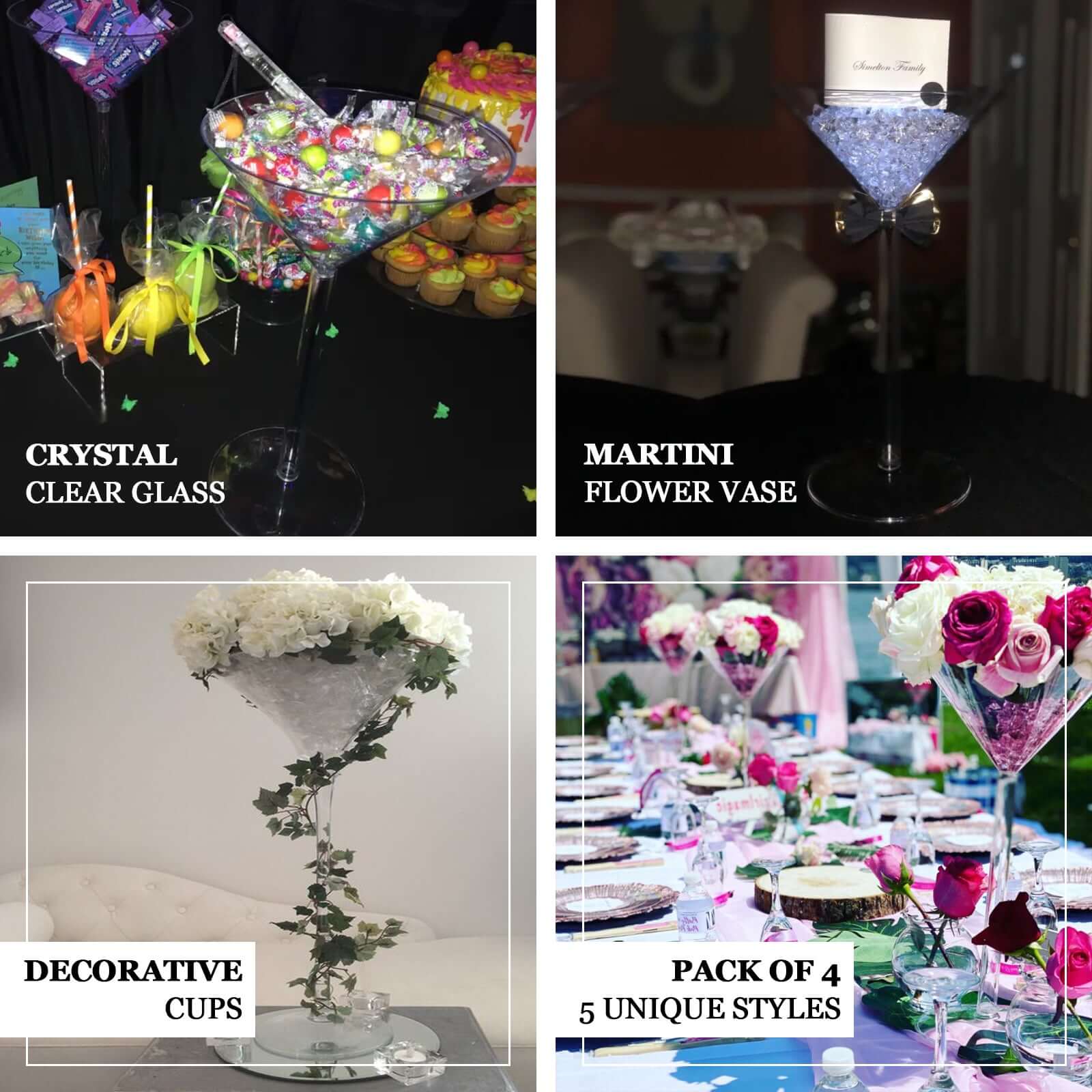4-Pack Plastic Flower Vases Martini Glass Design 18" Clear - Fillable Long Stem Wedding Centerpieces - Image 4