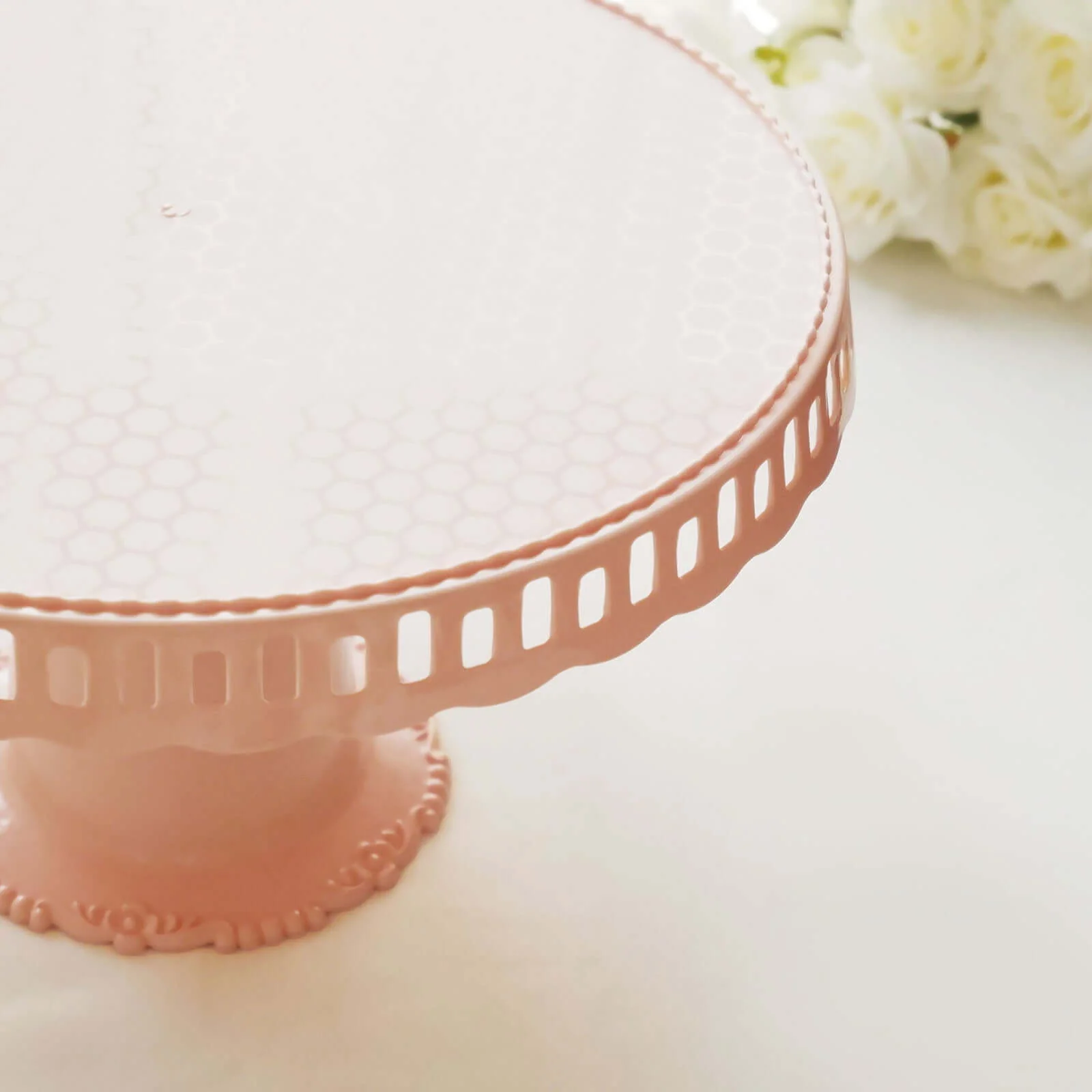 4-Pack Plastic Round Pedestal Cake Stands 13" Blush with Hollow Ribbon Trim Edges - Reusable Cupcake Dessert Display Risers - Image 11