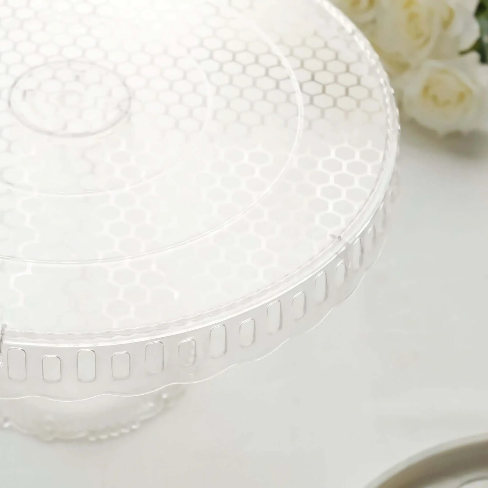 4-Pack Plastic Round Pedestal Cake Stands 13" Clear with Hollow Ribbon Trim Edges - Reusable Cupcake Dessert Display Risers - Image 11