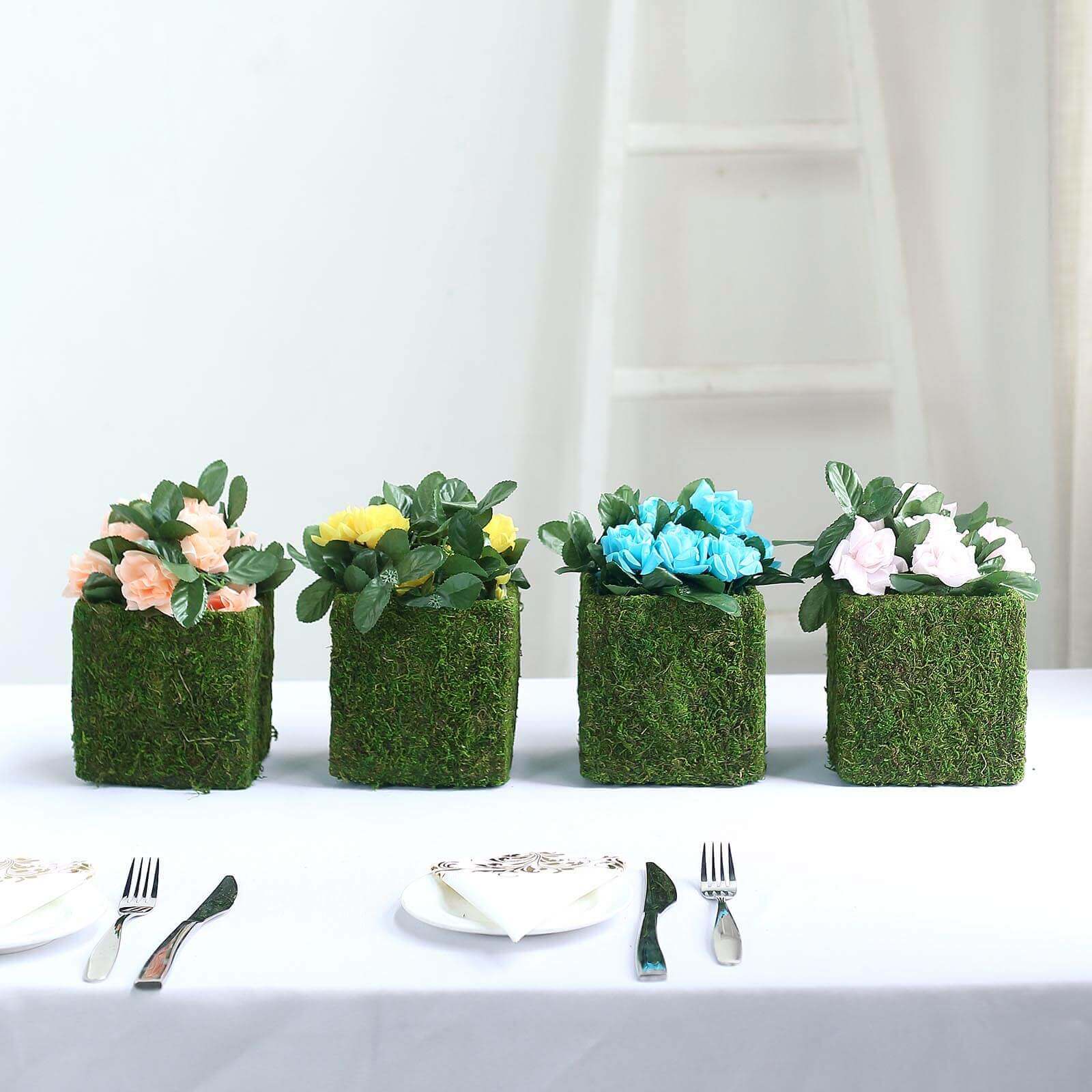 4-Pack Preserved Moss Planter Boxes 6" Square Covered Green with Inner Lining - Decorative Flower Baskets - Image 2