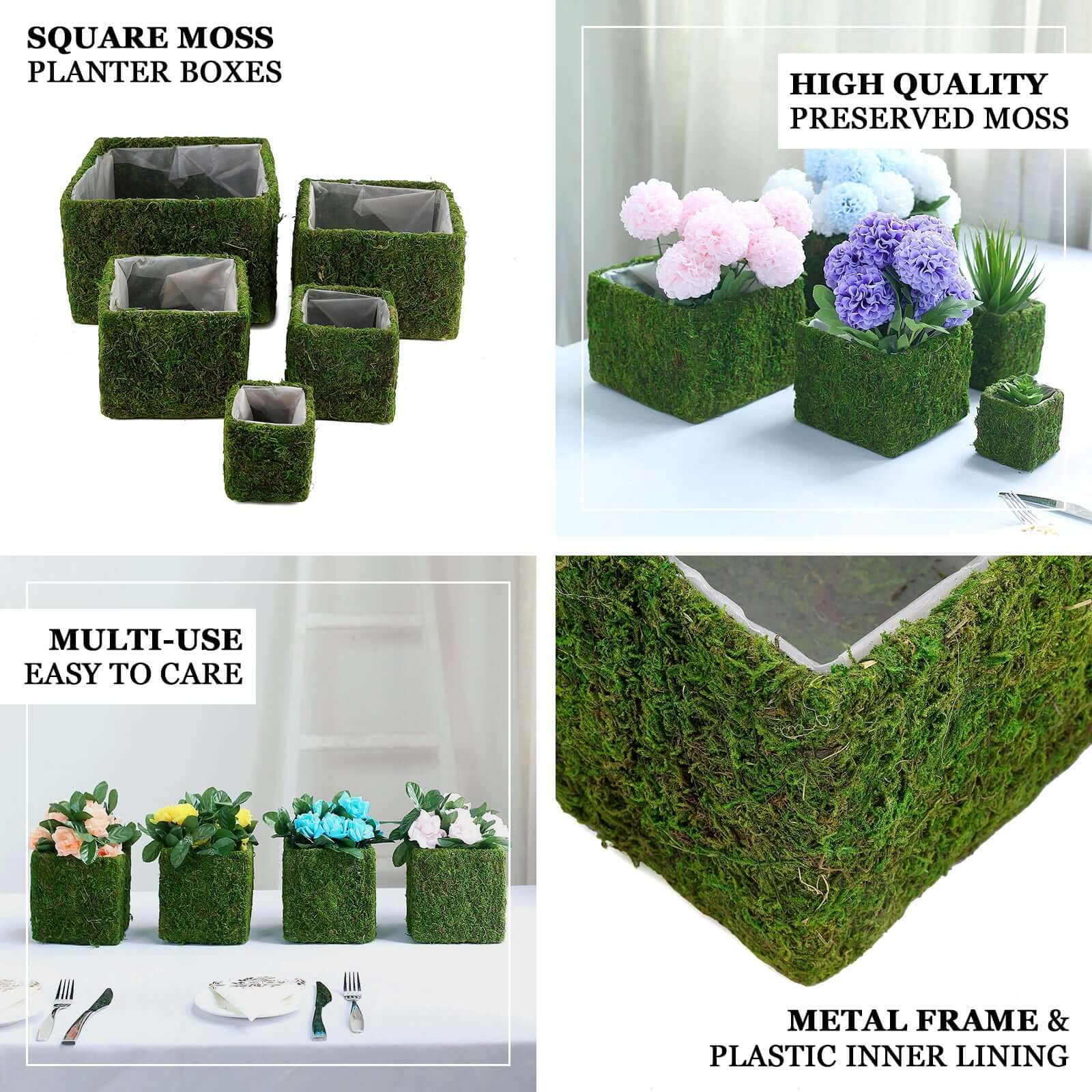 4-Pack Preserved Moss Planter Boxes 6" Square Covered Green with Inner Lining - Decorative Flower Baskets - Image 4