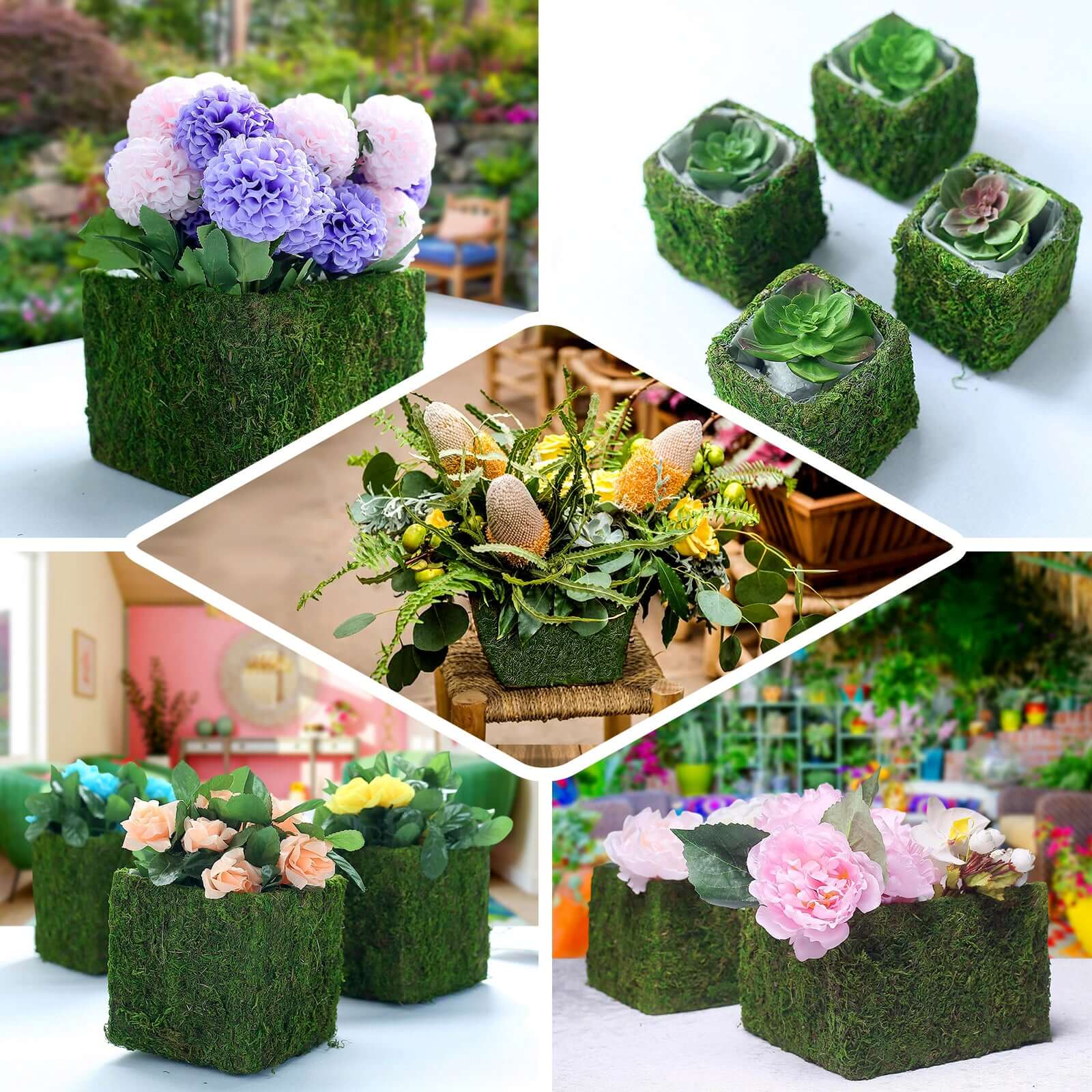 4-Pack Preserved Moss Planter Boxes 6" Square Covered Green with Inner Lining - Decorative Flower Baskets - Image 5