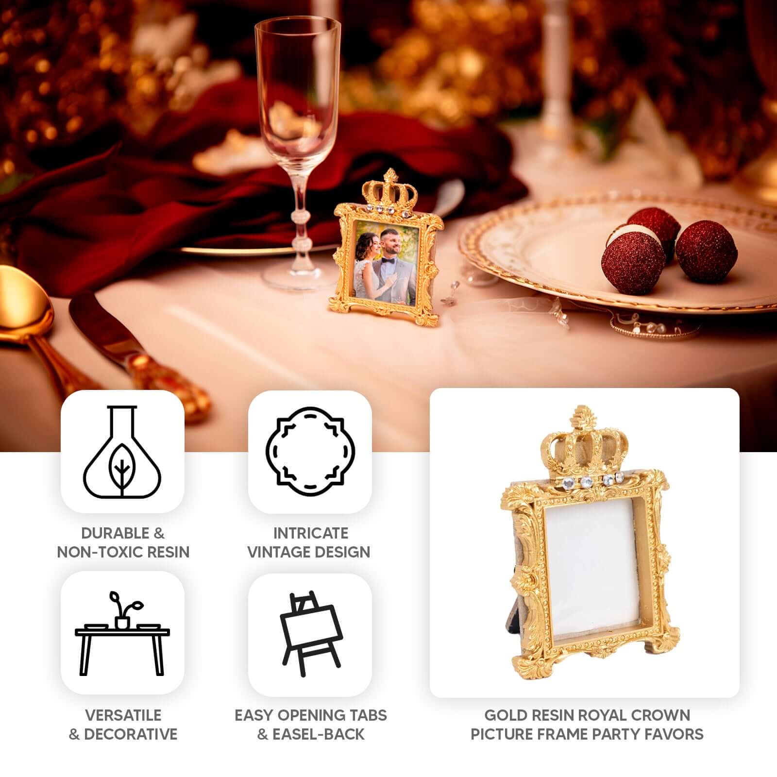 4-Pack Resin Picture Frames 3.5" Royal Crown Design Square Gold - Baroque Party Favors & Wedding Place Card Holders - Image 4