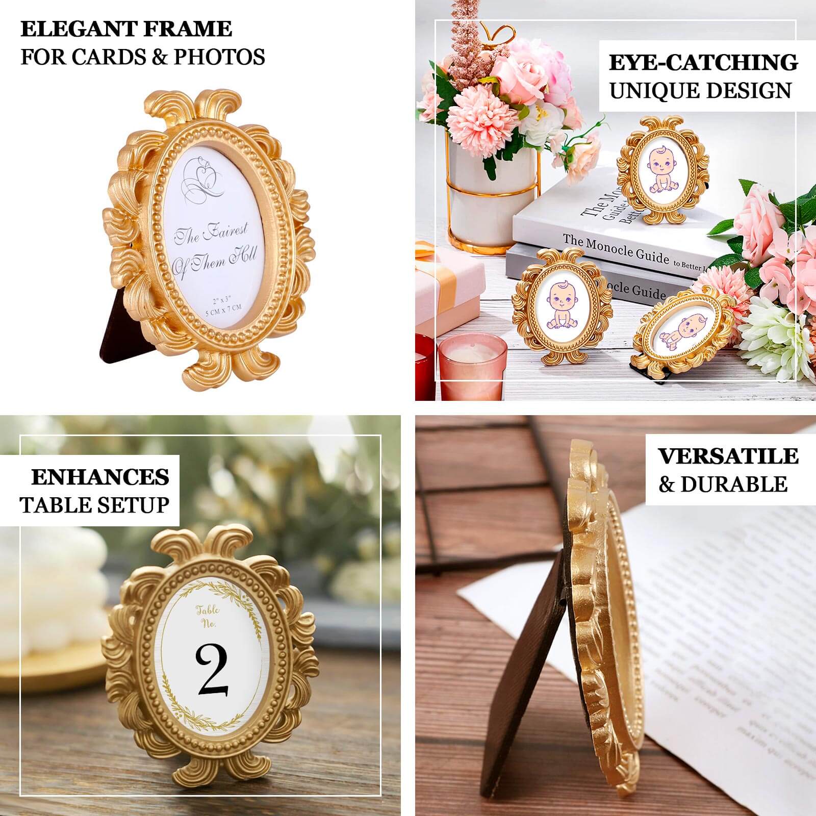 4-Pack Resin Picture Frames 4" Decorative Baroque Oval Design Gold - Beaded Party Favors & Place Card Holders - Image 4