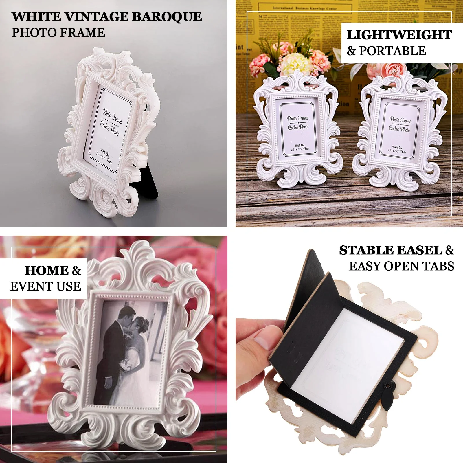 4-Pack Resin Picture Frames 4"x3" Vintage Baroque Design Rectangle White - Mini Photo Frame Party Favors & Wedding Place Card Holders - Image 4