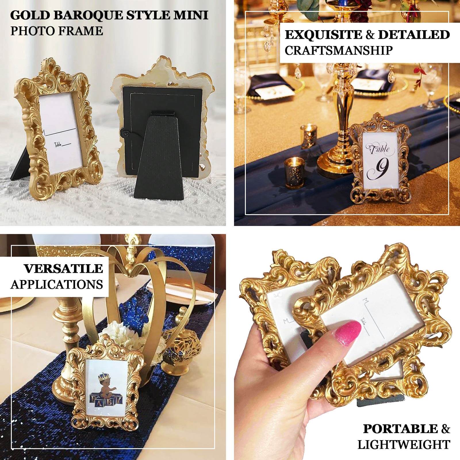 4-Pack Resin Picture Frames 4"x3" Vintage Ornate Design Rectangle Gold - Mini Photo Frame Party Favors & Wedding Place Card Holders - Image 4