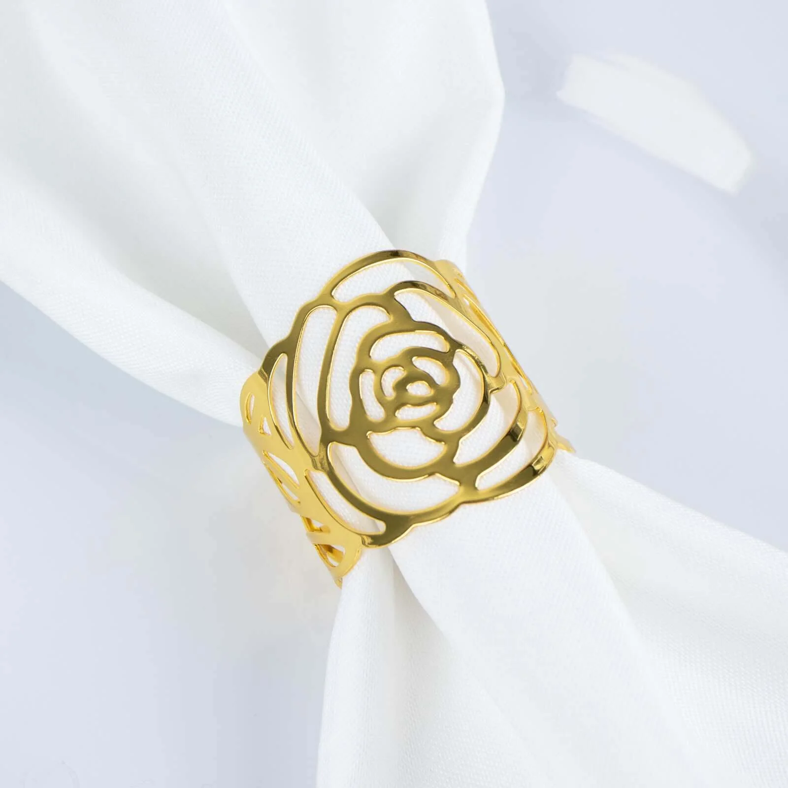 4 Pack Shiny Gold Laser Cut Rose Metal Cuff Napkin Rings, Decorative Flower Napkin Holders