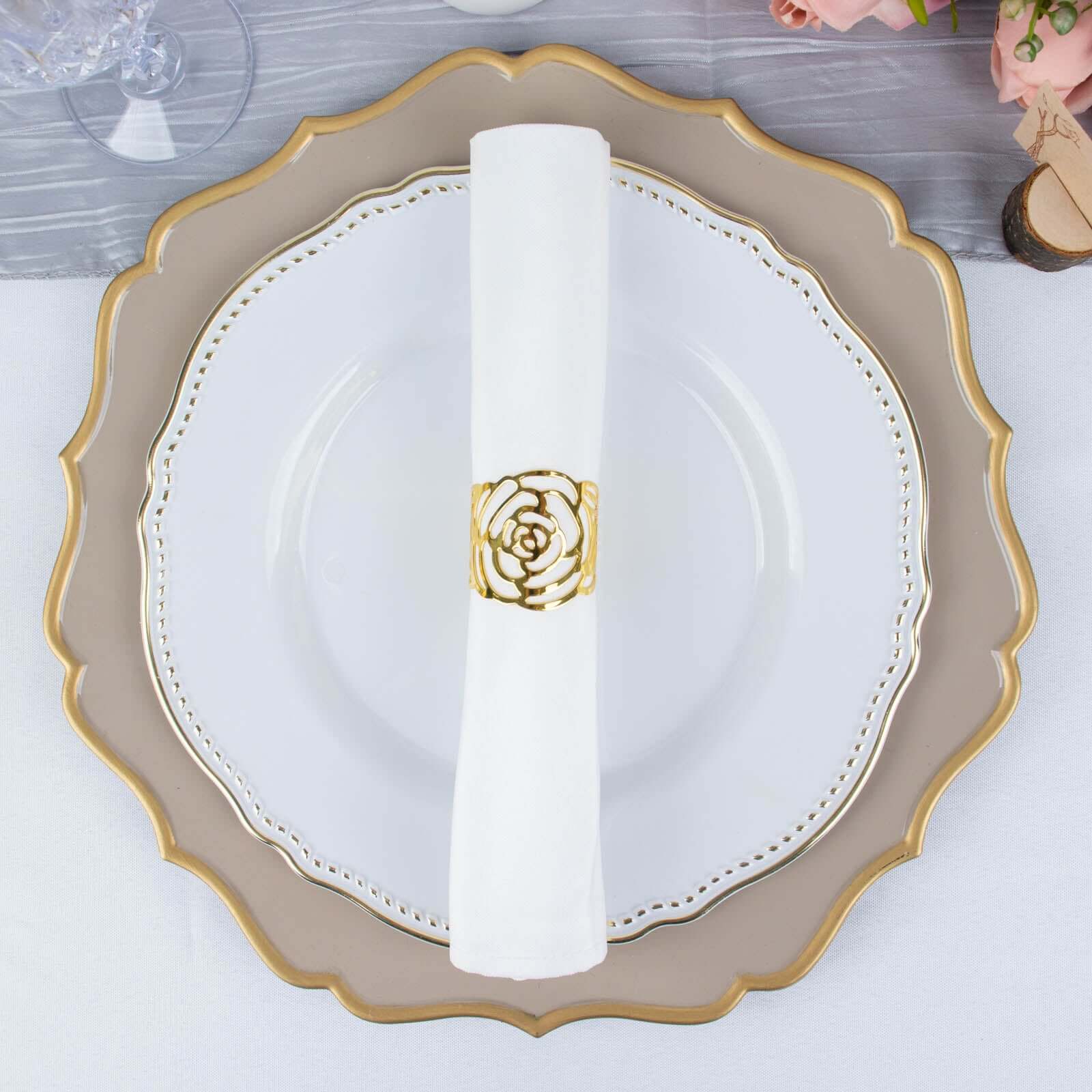4 Pack Shiny Gold Laser Cut Rose Metal Cuff Napkin Rings, Decorative Flower Napkin Holders - Image 8