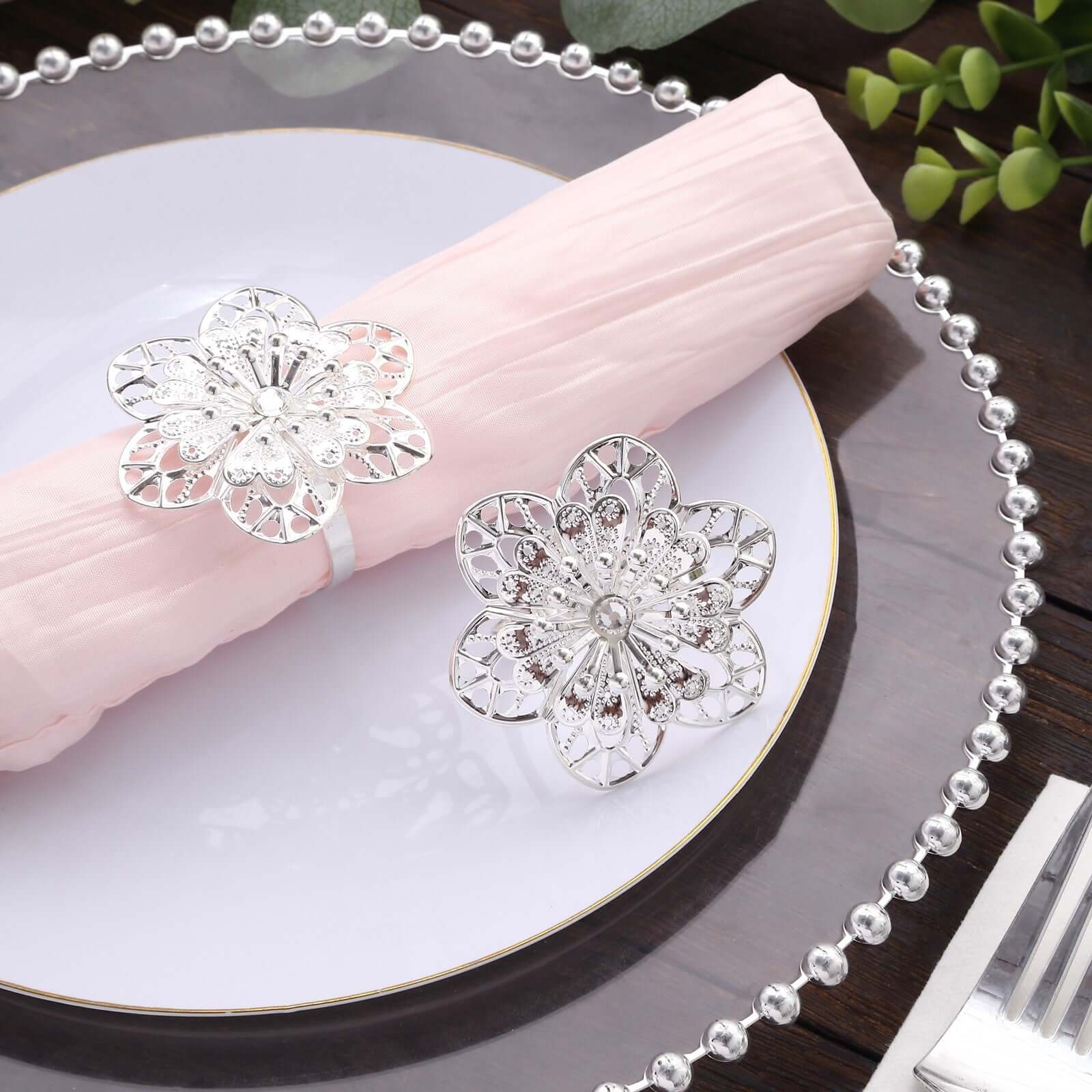 4 Pack Silver Metal Hollow Sun Flower Napkin Rings, Modern Flower Shaped Napkin Bands - Image 12