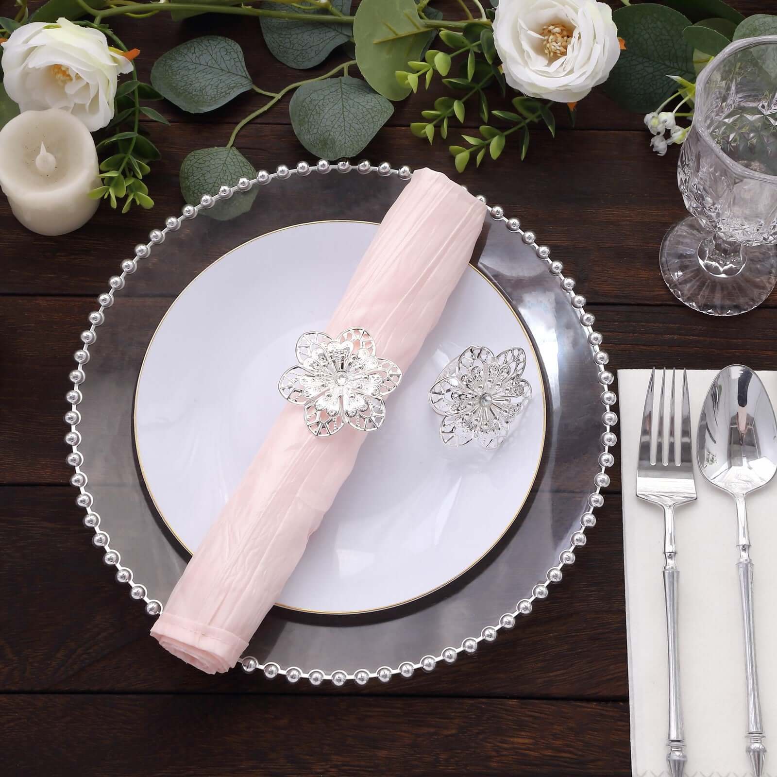 4 Pack Silver Metal Hollow Sun Flower Napkin Rings, Modern Flower Shaped Napkin Bands - Image 9