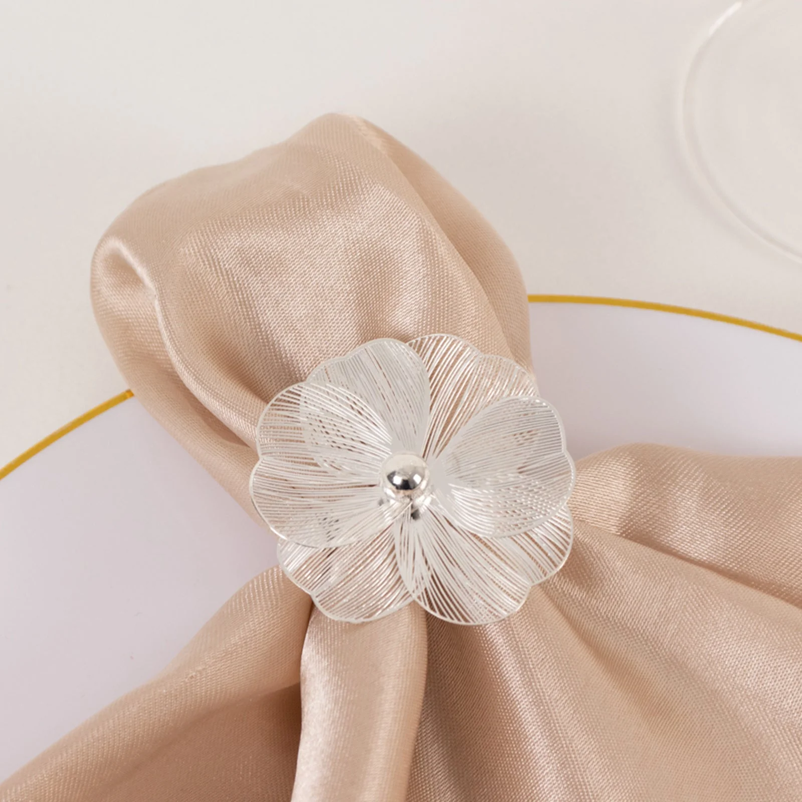 4 Pack Silver Metal Jasmine Flower Napkin Rings with Pearl Center, Decorative Floral Napkin Holder Bands - 2" - Image 2