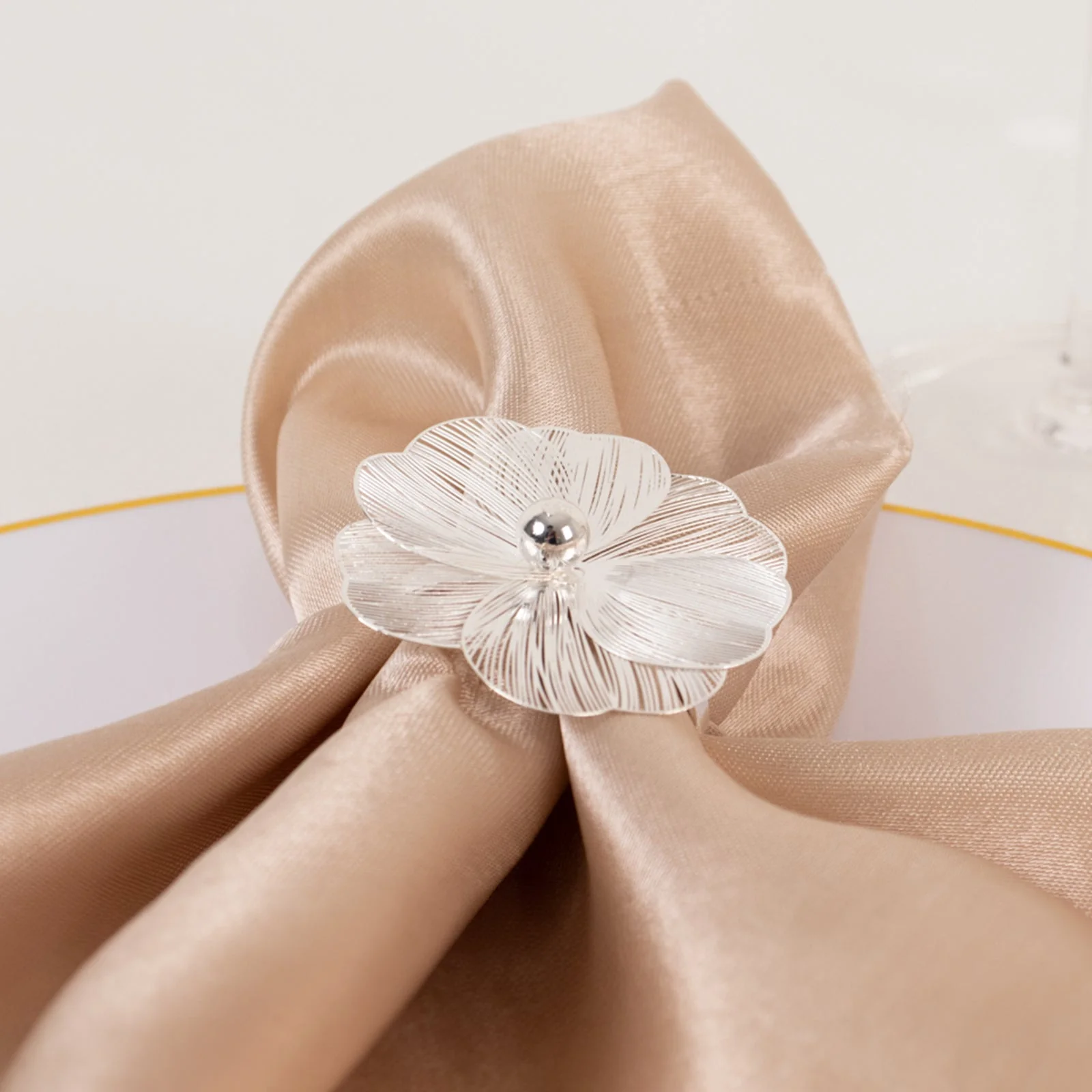 4 Pack Silver Metal Jasmine Flower Napkin Rings with Pearl Center, Decorative Floral Napkin Holder Bands - 2" - Image 4
