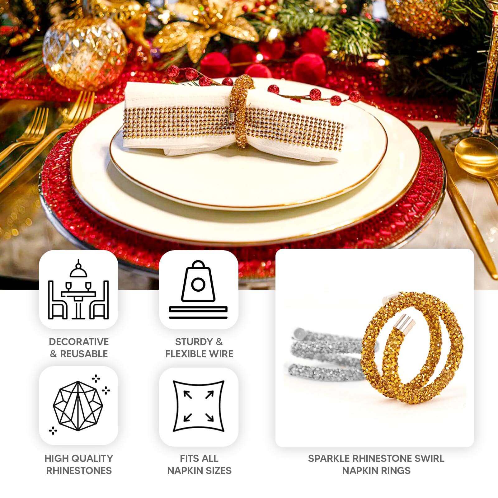 4 Pack Silver Sparkle Rhinestone Swirl Napkin Rings, Elegant Cloth Napkin Holders - Image 4