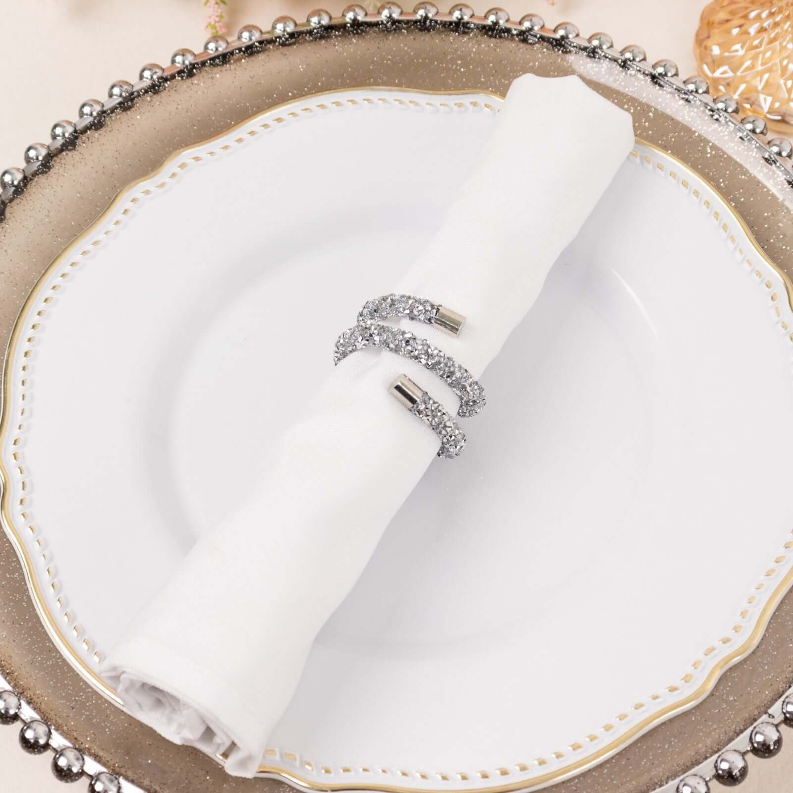 4 Pack Silver Sparkle Rhinestone Swirl Napkin Rings, Elegant Cloth Napkin Holders - Image 9