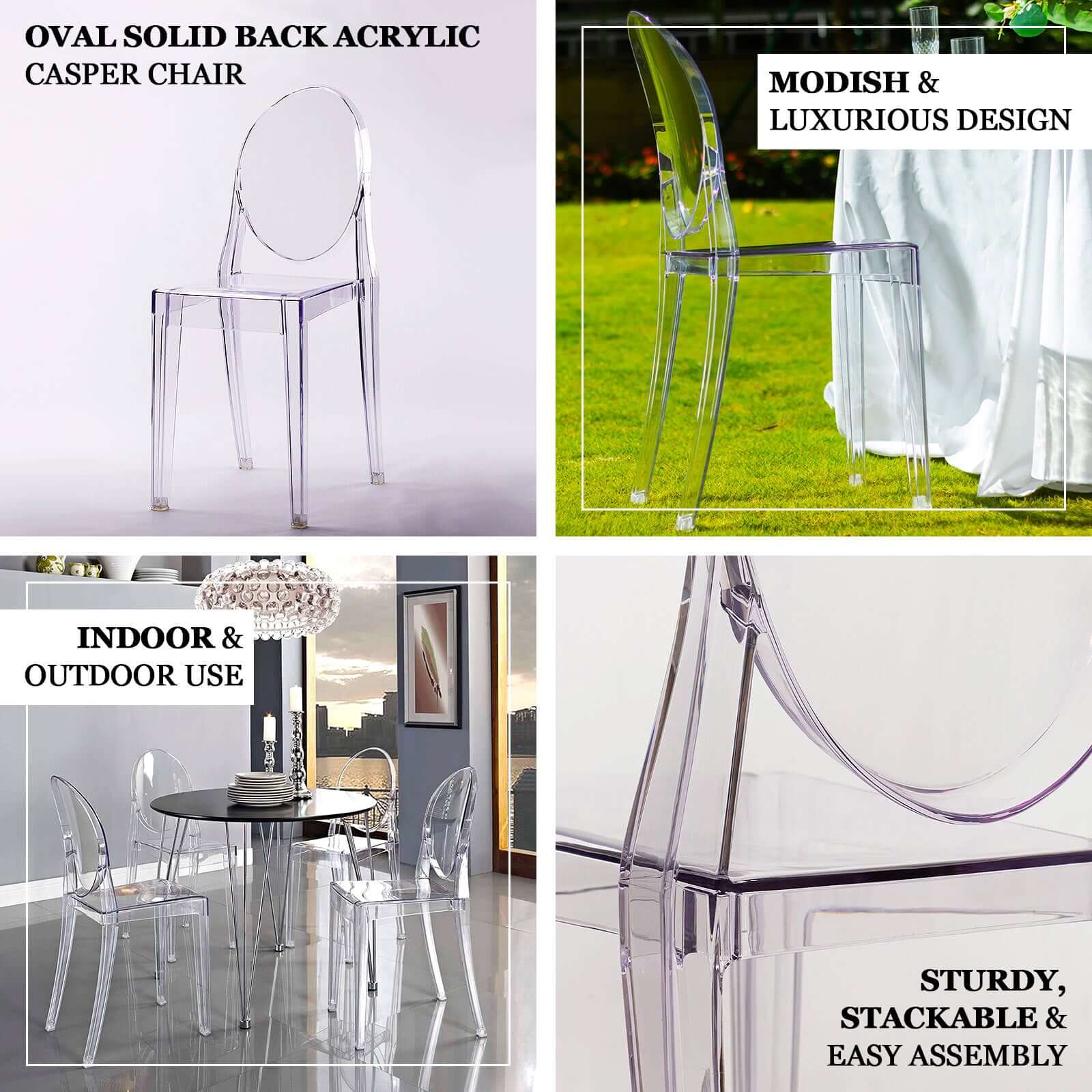 4 Pack Stackable Clear Acrylic Ghost Banquet Chairs with Oval Back, Fully Assembled Armless Event Accent Chair - Image 4