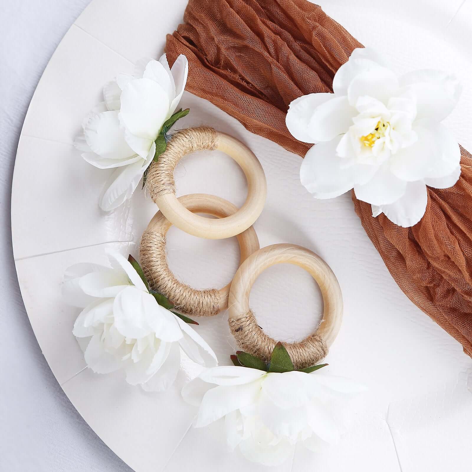 4 Pack White Artificial Flower Napkin Rings with Wooden Holder, Rustic Boho Serviette Buckles with Silk Jasmine Flowers