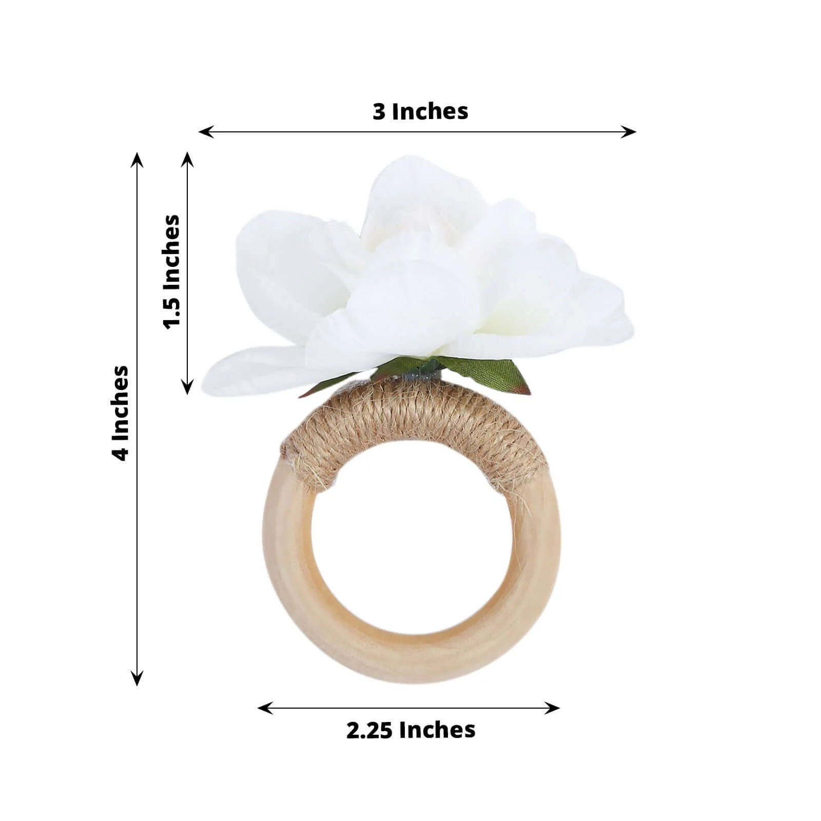 4 Pack White Artificial Flower Napkin Rings with Wooden Holder, Rustic Boho Serviette Buckles with Silk Jasmine Flowers - Image 3