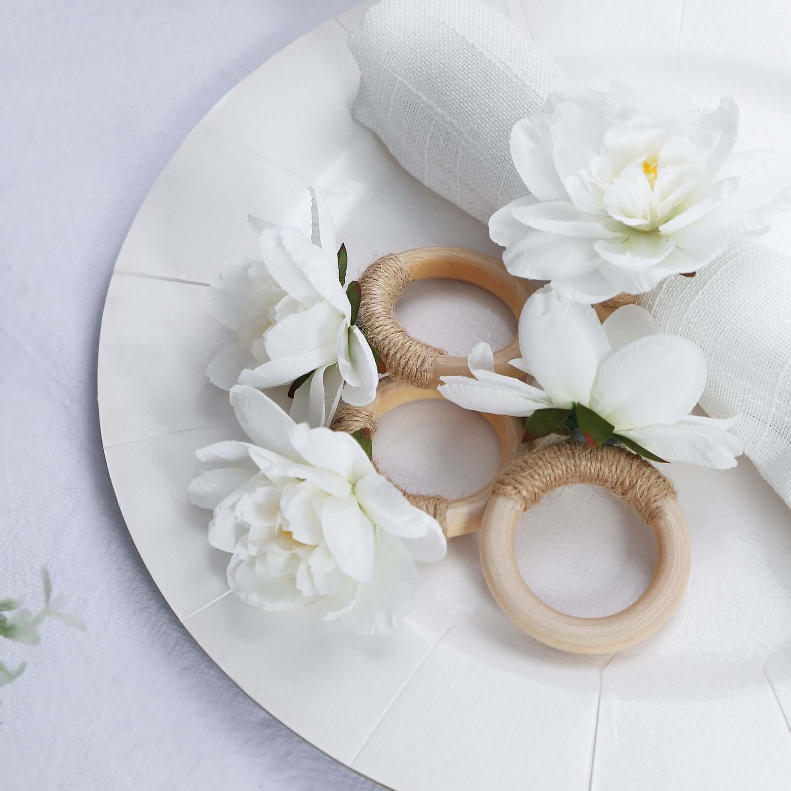4 Pack White Artificial Flower Napkin Rings with Wooden Holder, Rustic Boho Serviette Buckles with Silk Jasmine Flowers - Image 5
