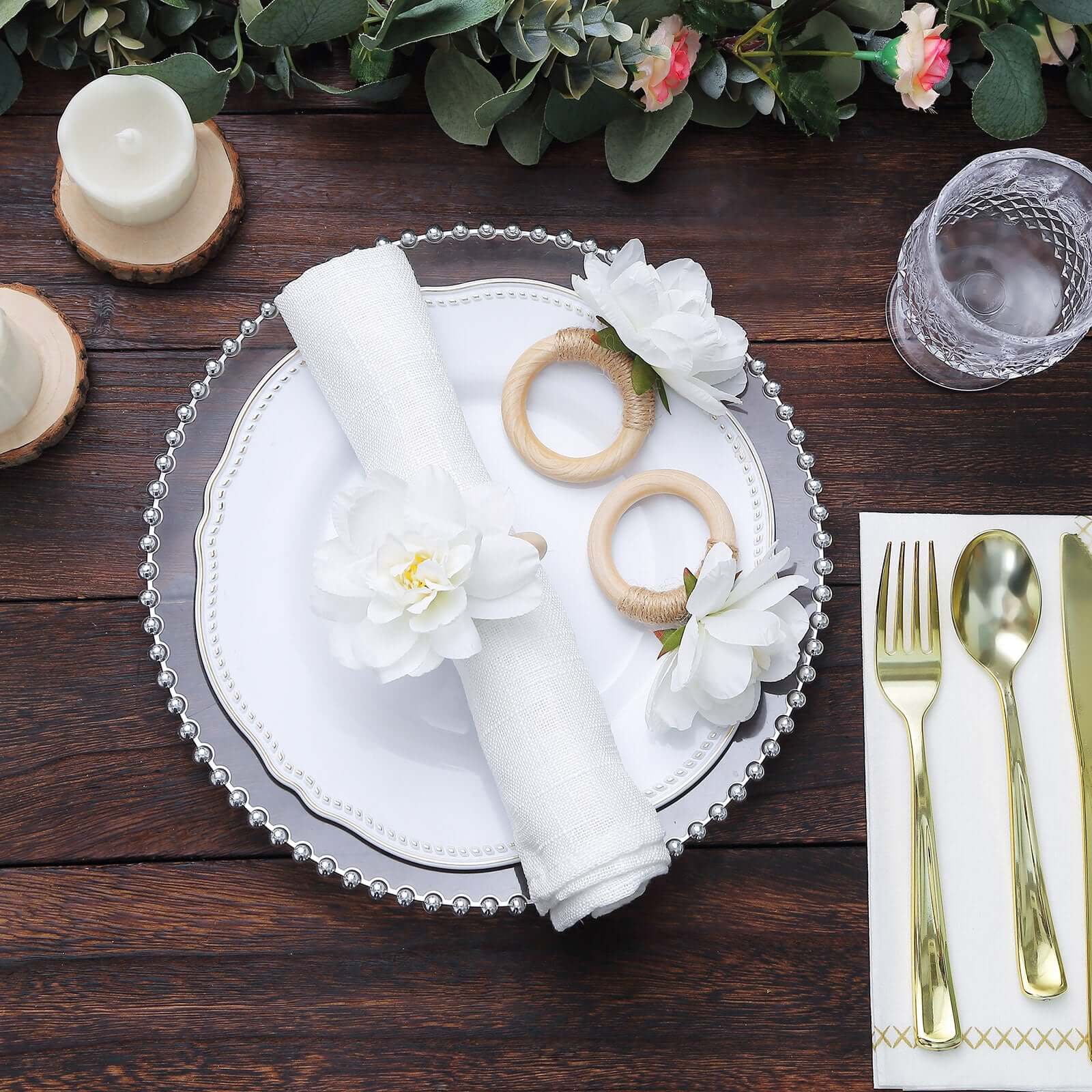 4 Pack White Artificial Flower Napkin Rings with Wooden Holder, Rustic Boho Serviette Buckles with Silk Jasmine Flowers - Image 7