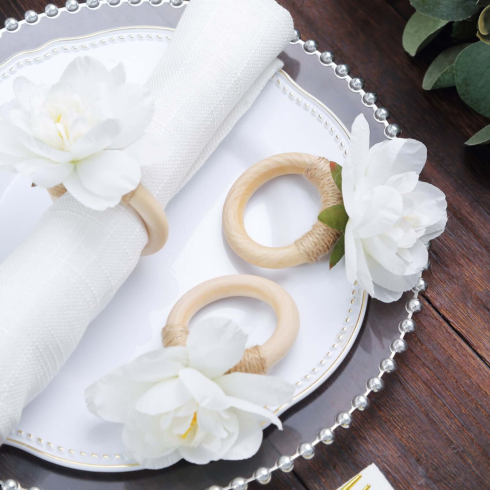 4 Pack White Artificial Flower Napkin Rings with Wooden Holder, Rustic Boho Serviette Buckles with Silk Jasmine Flowers - Image 8