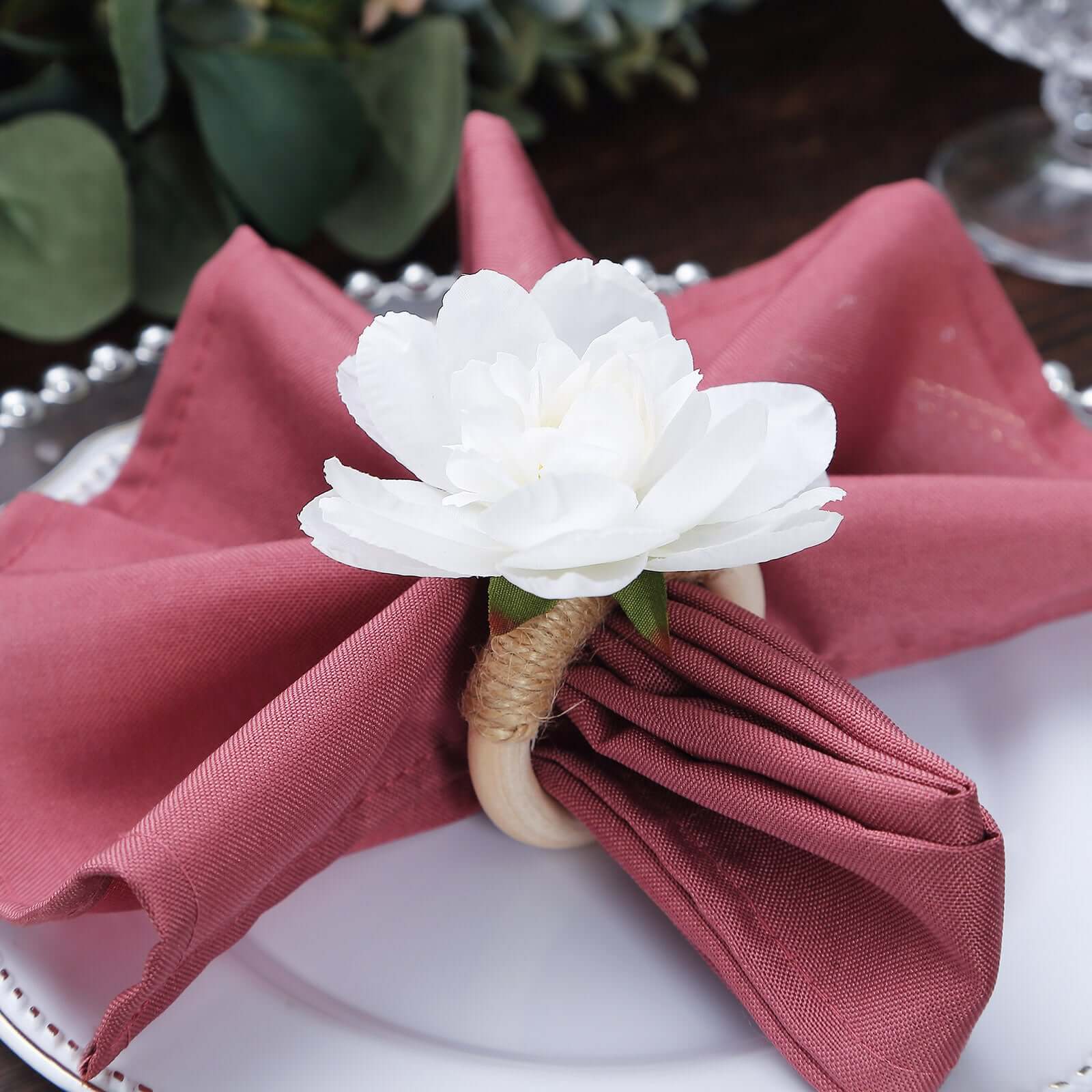 4 Pack White Artificial Flower Napkin Rings with Wooden Holder, Rustic Boho Serviette Buckles with Silk Jasmine Flowers - Image 9