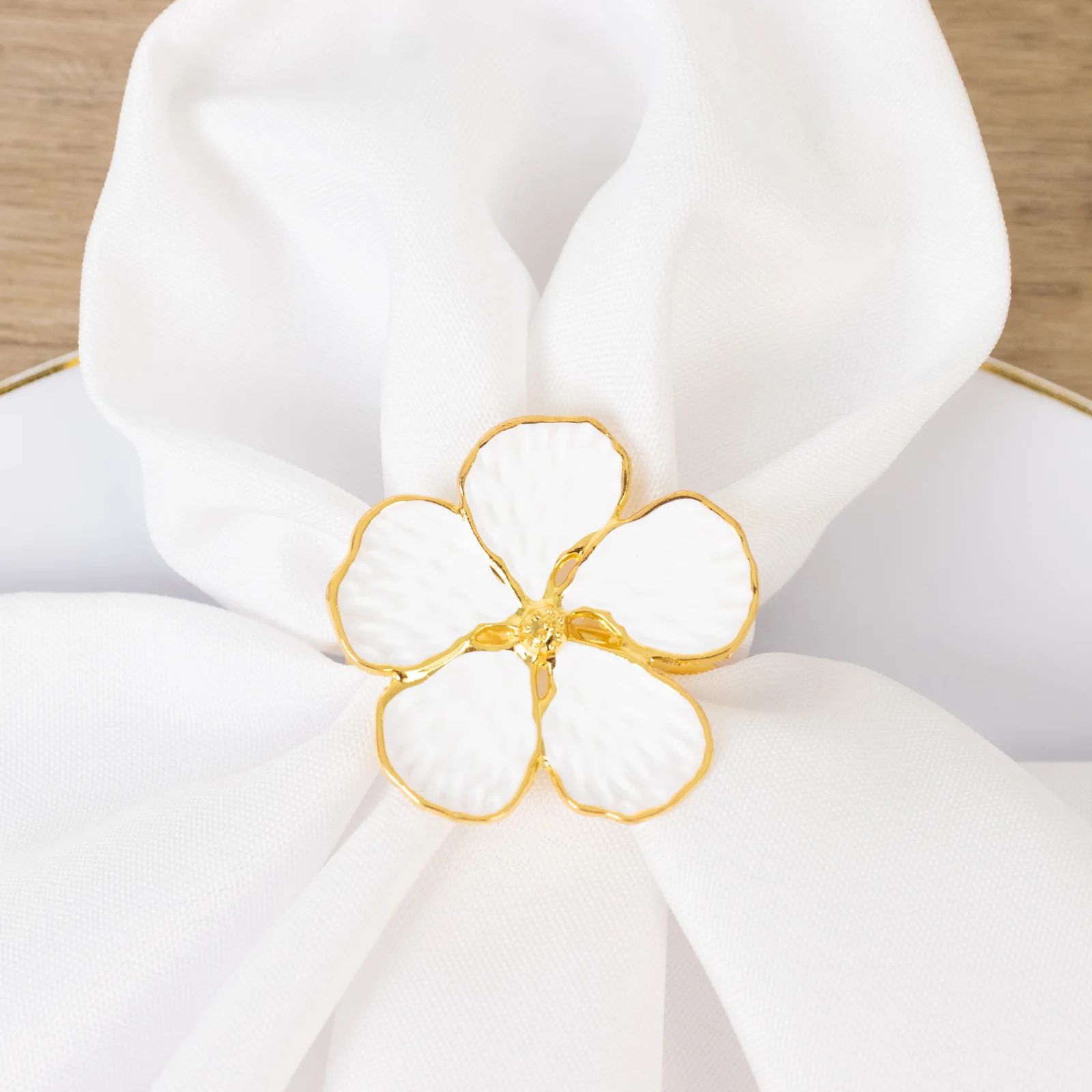 4 Pack White and Gold Metal Flower Napkin Rings, Floral Serviette Buckle Napkin Holder Set - Plum Blossom Design - Image 2