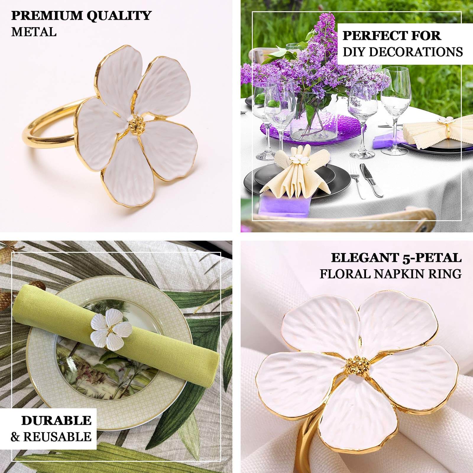 4 Pack White and Gold Metal Flower Napkin Rings, Floral Serviette Buckle Napkin Holder Set - Plum Blossom Design - Image 4
