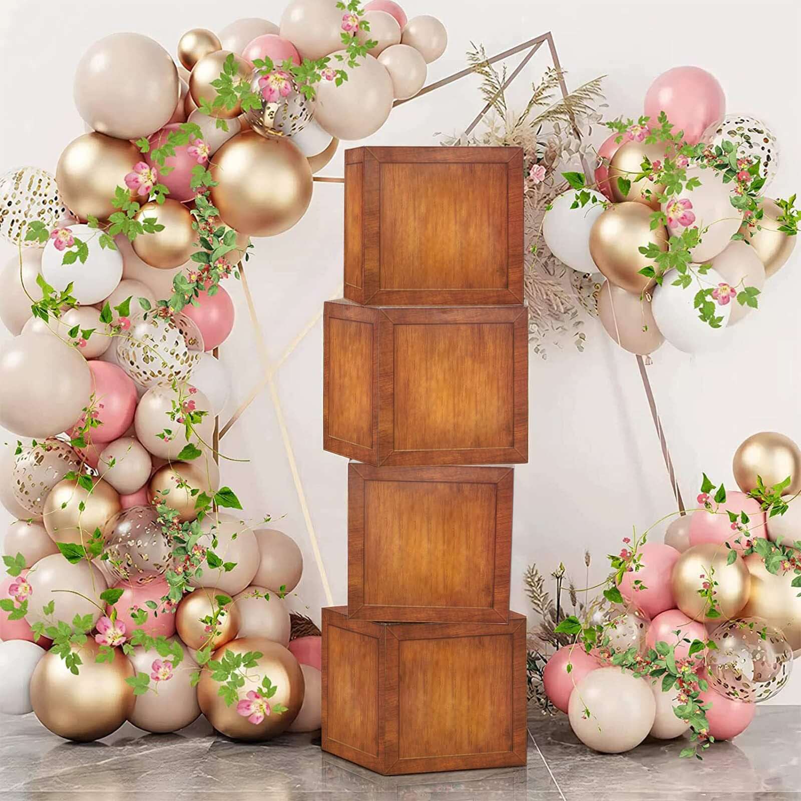 4 Pack Wood Grain Brown Gender Neutral DIY Prop Balloon Boxes, Boho Design Baby Shower Party Decorations - Image 6