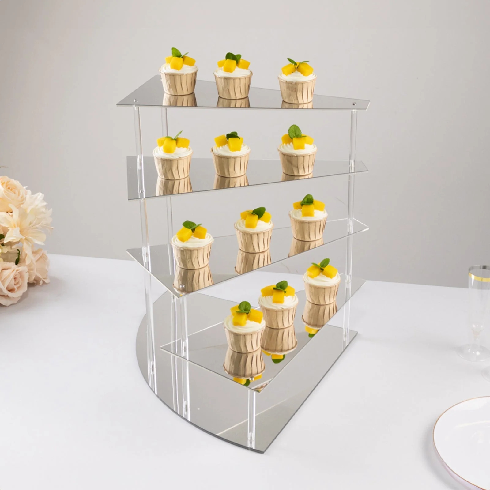 4-Tier Acrylic Cupcake Display Stand 17" Silver Spiral Stairway Design with Mirror Finish - Sleek Functional Tiered Serving Tray Dessert Riser Perfume Organizer Shelf for Home Retail & Events