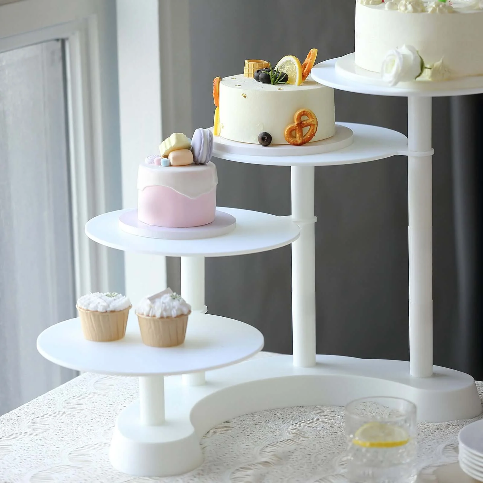 4-Tier Plastic Cake Stand with Half Moon Base 17" White - Sleek Multi-layer Cupcake Holder Display Tower for Stylish Pastry & Dessert Tables - Image 12