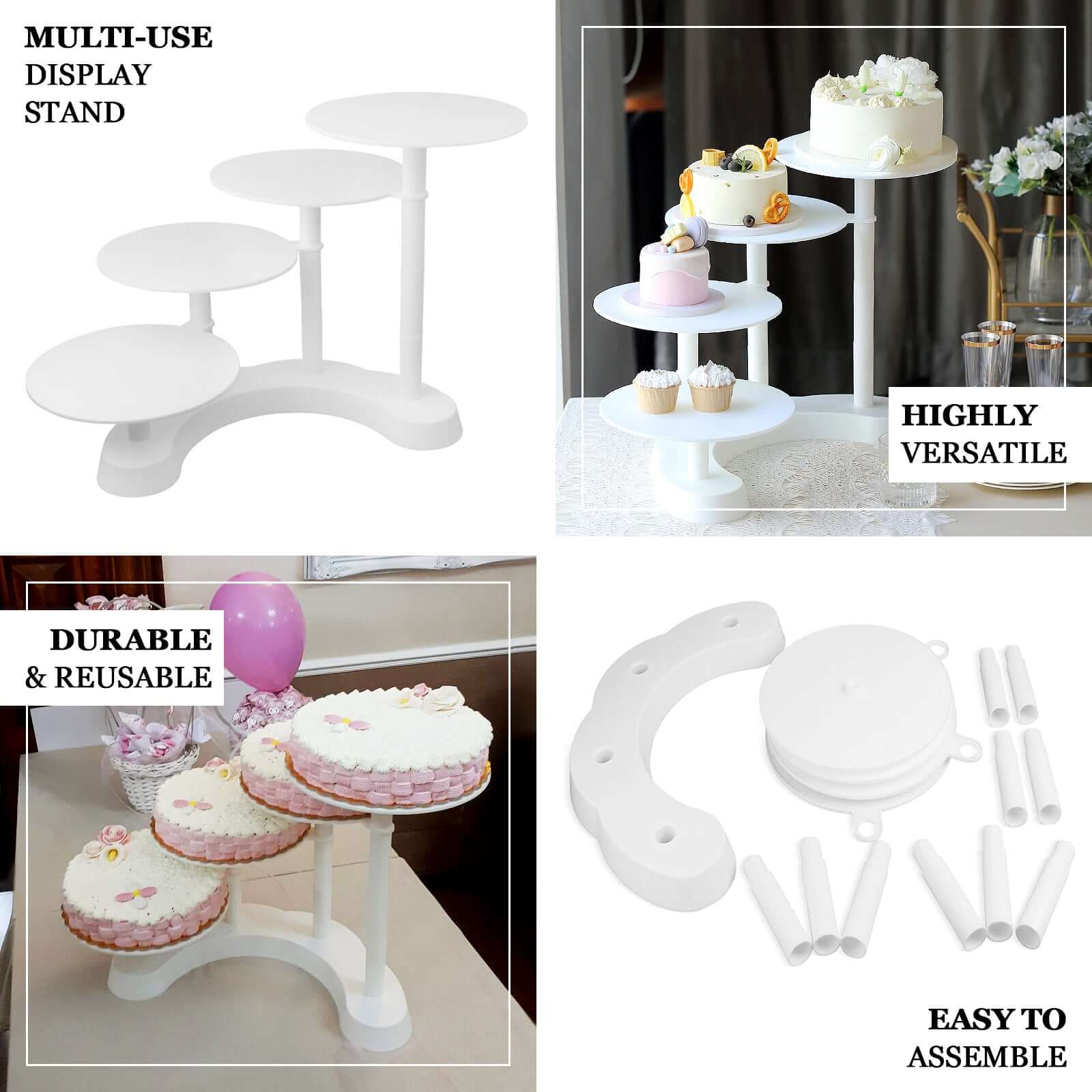 4-Tier Plastic Cake Stand with Half Moon Base 17" White - Sleek Multi-layer Cupcake Holder Display Tower for Stylish Pastry & Dessert Tables - Image 4