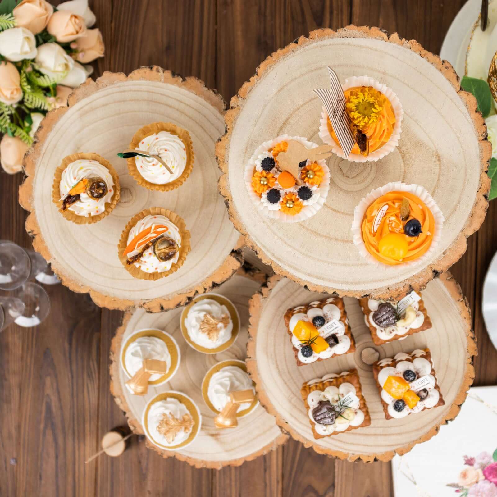 4-Tier Wooden Cupcake Stand 15" Tall Farmhouse Style Natural Wood Slice Design - Rustic Dessert Display Cake Holder - Image 8