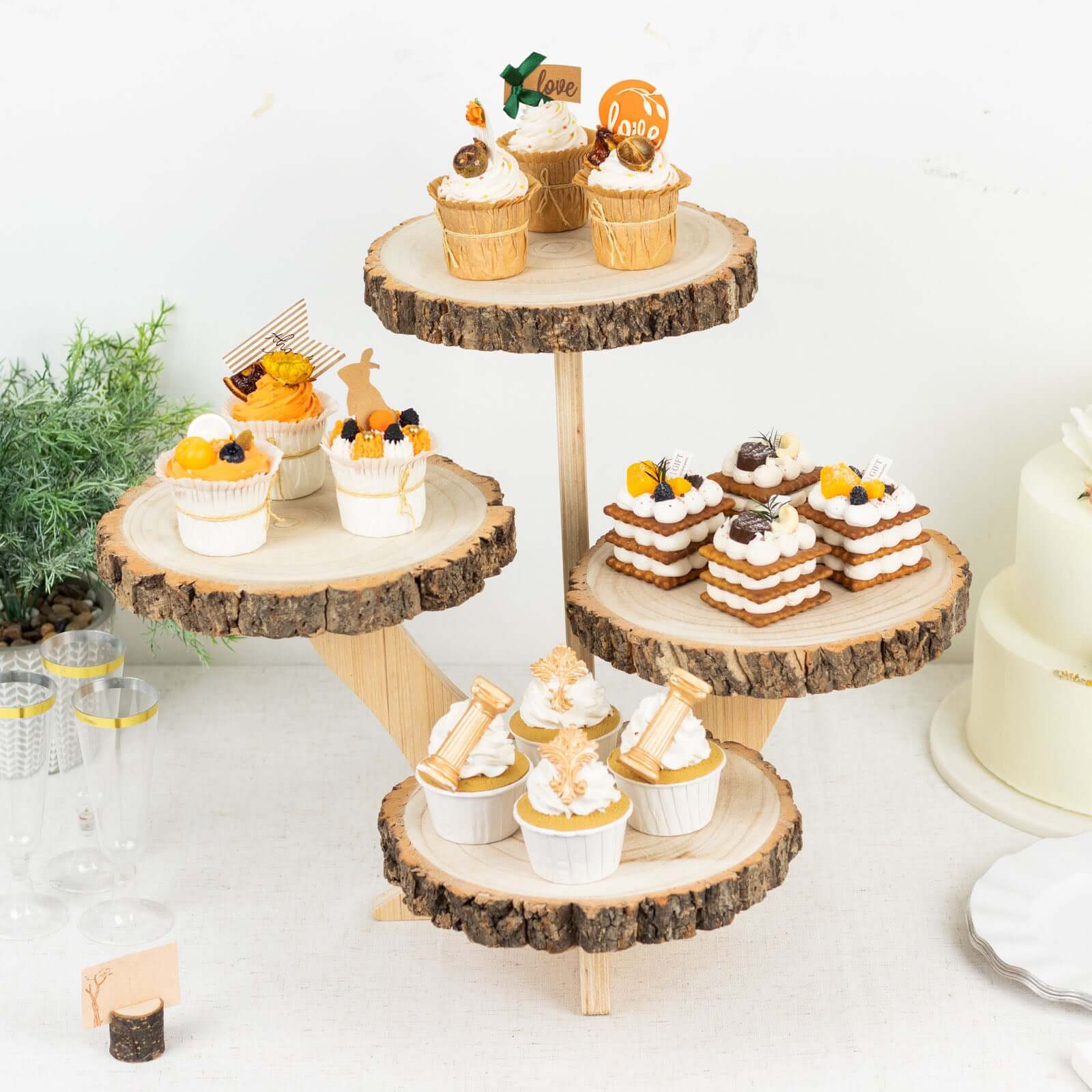 4-Tier Wooden Cupcake Stand 15" Tall Farmhouse Style Natural Wood Slice Design - Rustic Dessert Display Cake Holder - Image 9