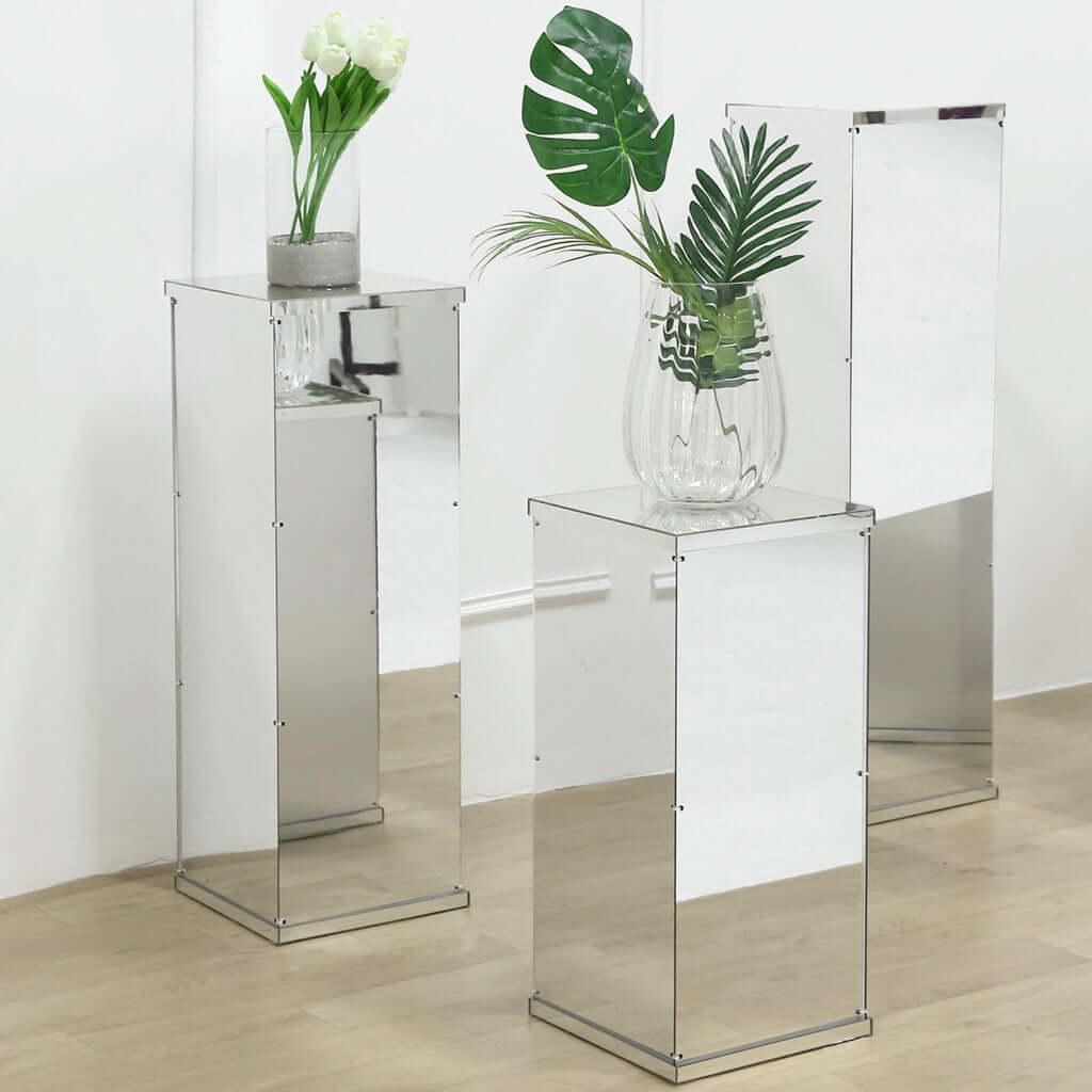 Floor Standing Silver Mirror Finish Acrylic Pedestal Riser, Display Box with Interchangeable Lid and Base 40" - Image 2