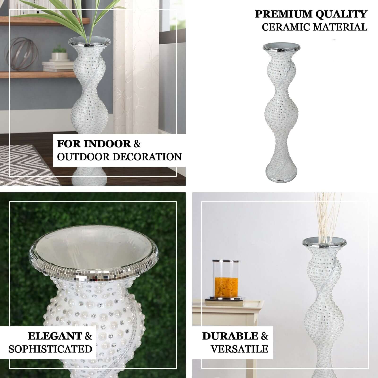 Magical Mermaid Style Mirror Mosaic and Pearl Studded Floor Vase 40" - Image 4