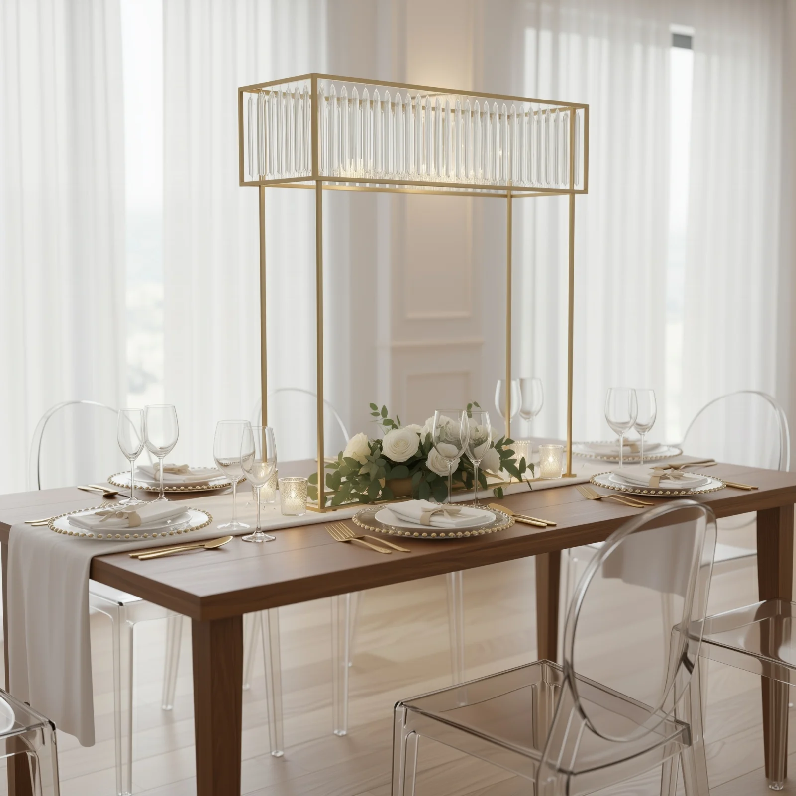 Crystal Pendant Flower Stand, Gold Metal Centerpiece Vase – 48" Tall Rectangular Display Rack